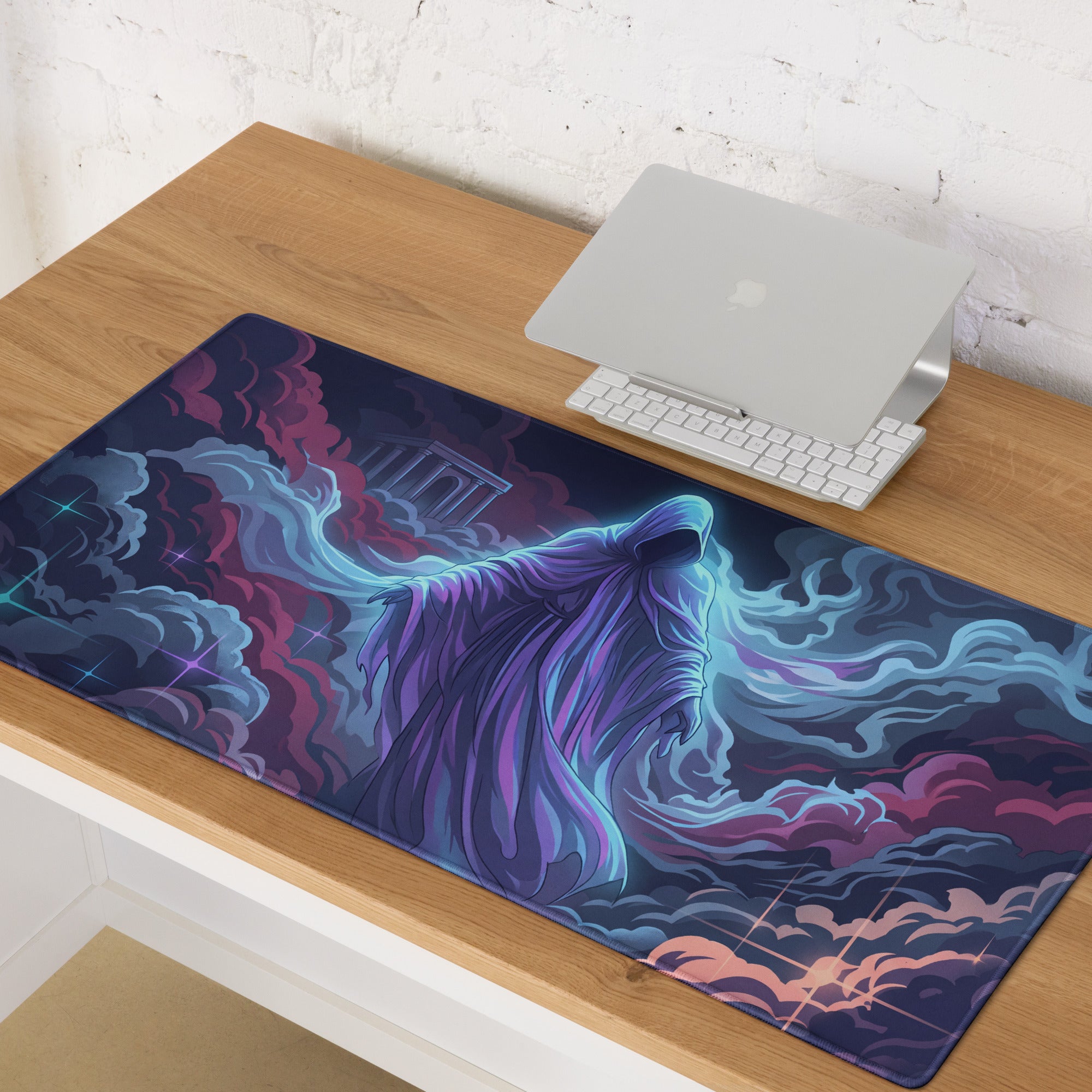 A rectangular vaporwave neon mouse pad with a vibrant hooded figure in purple blue and pink cosmic clouds design