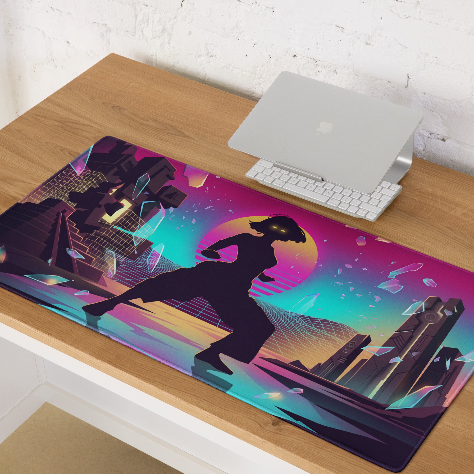 Vaporwave neon city mouse pad with vibrant purple pink gradient featuring dancer silhouette and glowing cyberpunk sunset