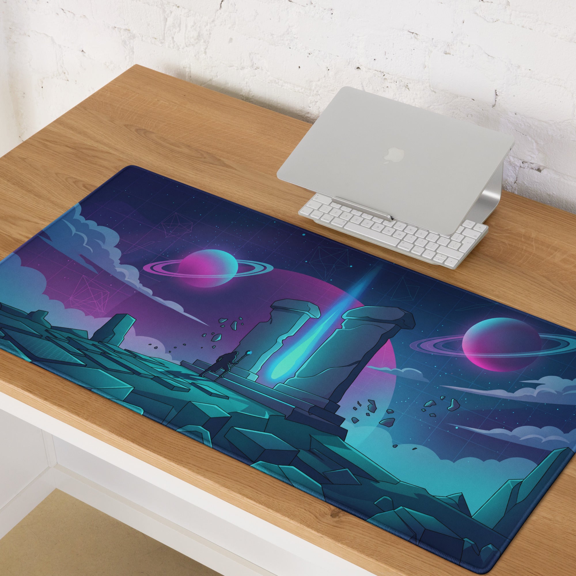 Vaporwave neon galaxy gaming mouse pad with vibrant teal and purple cosmic design and ancient stone ruins under stars