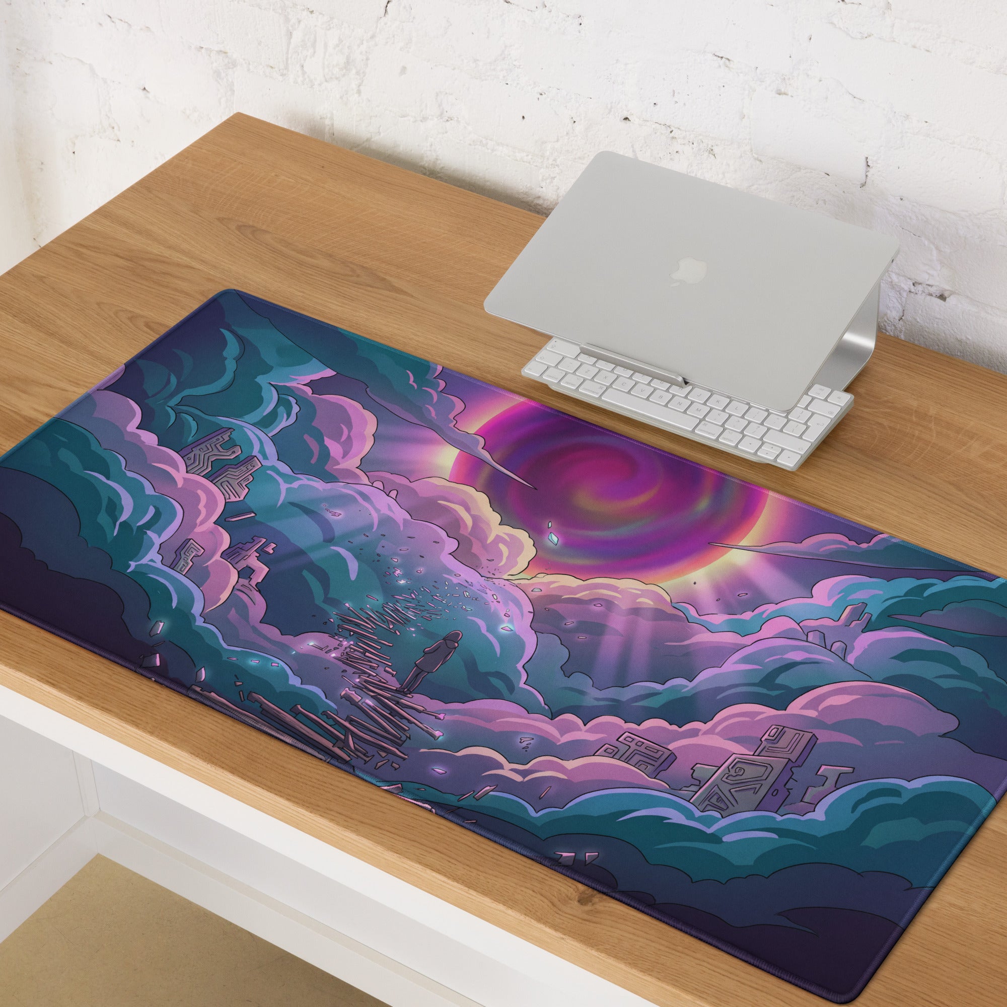 Vibrant purple and teal vaporwave neon sky gaming mouse pad with cosmic clouds ruins and swirling galaxy design