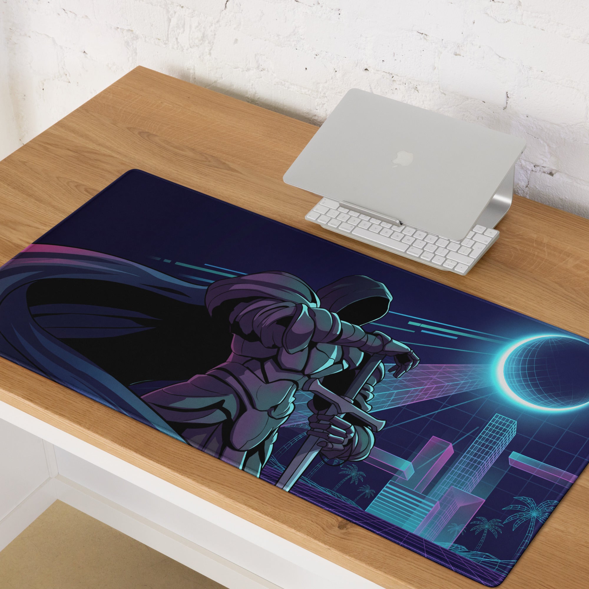 Navy blue rectangular gaming mousepad with a futuristic knight in purple and teal in neon vaporwave cityscape