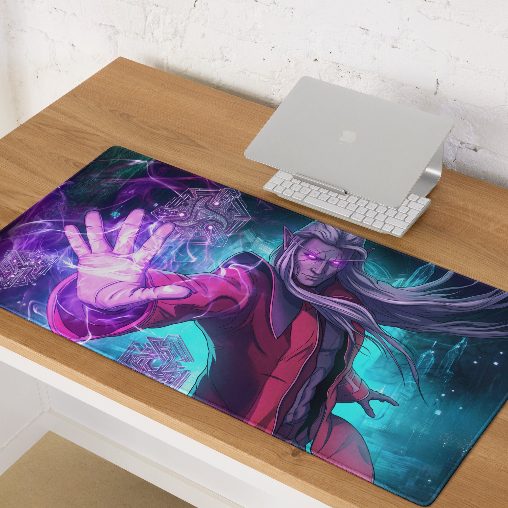Vaporwave neon warrior gaming mouse pad in vibrant purple and teal featuring silver-haired anime character with mystical energy