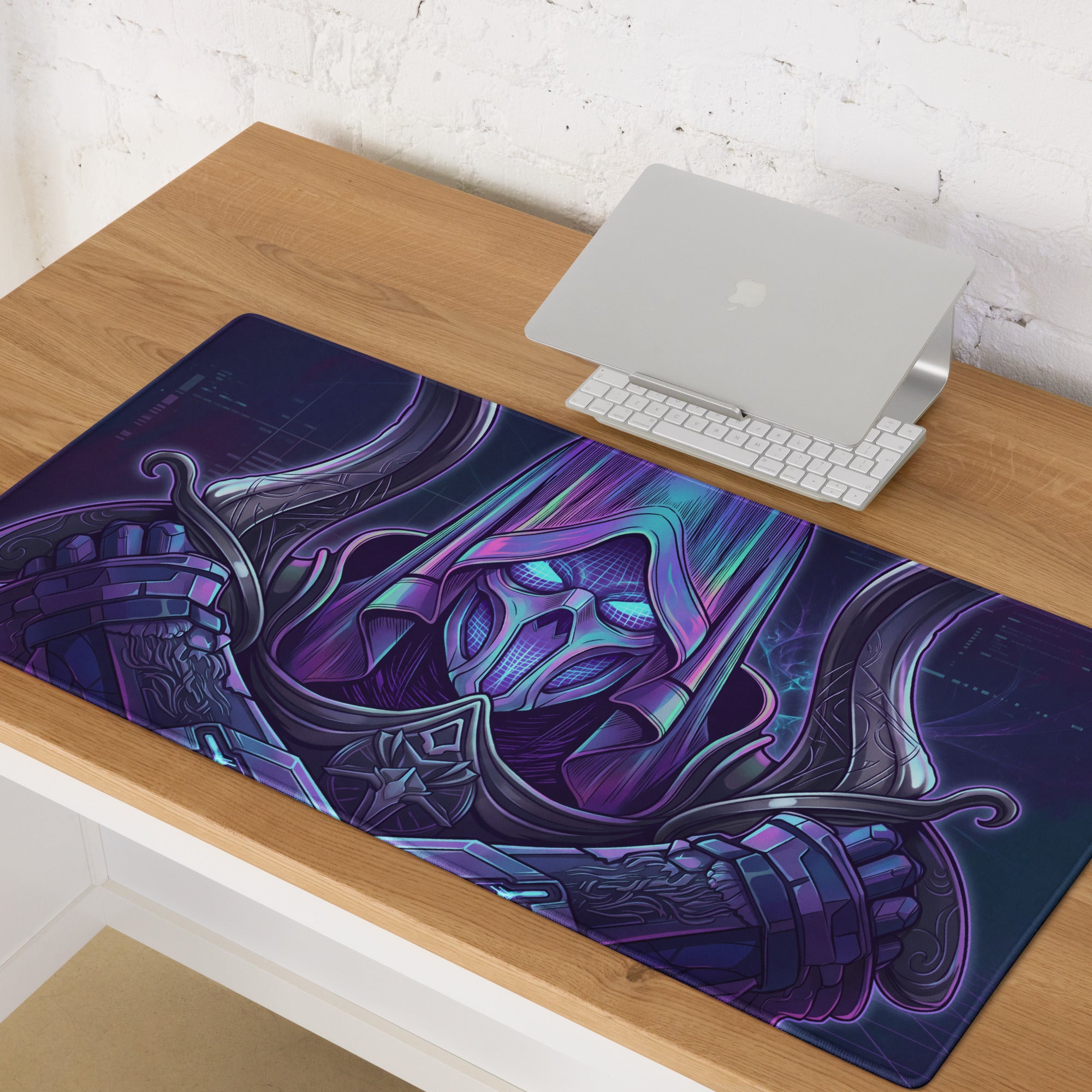 Neon vaporwave gaming mouse pad in purple and blue with a stylized armored figure with glowing eyes design