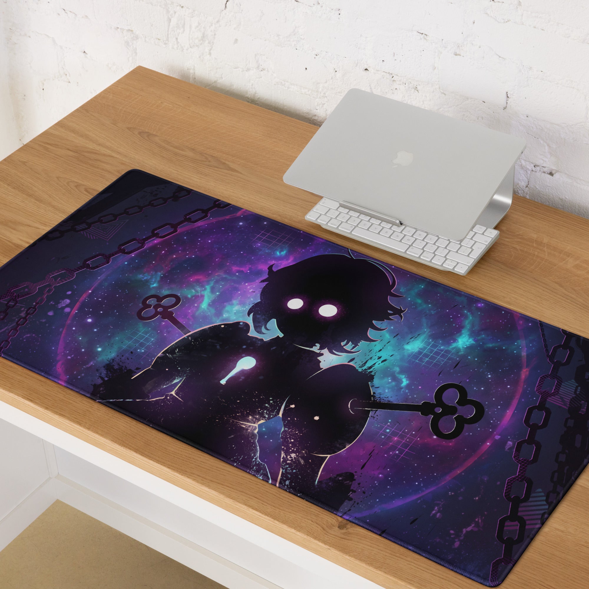 Vaporwave neon gaming mouse pad with black anime silhouette holding keys on purple and teal galaxy nebula background