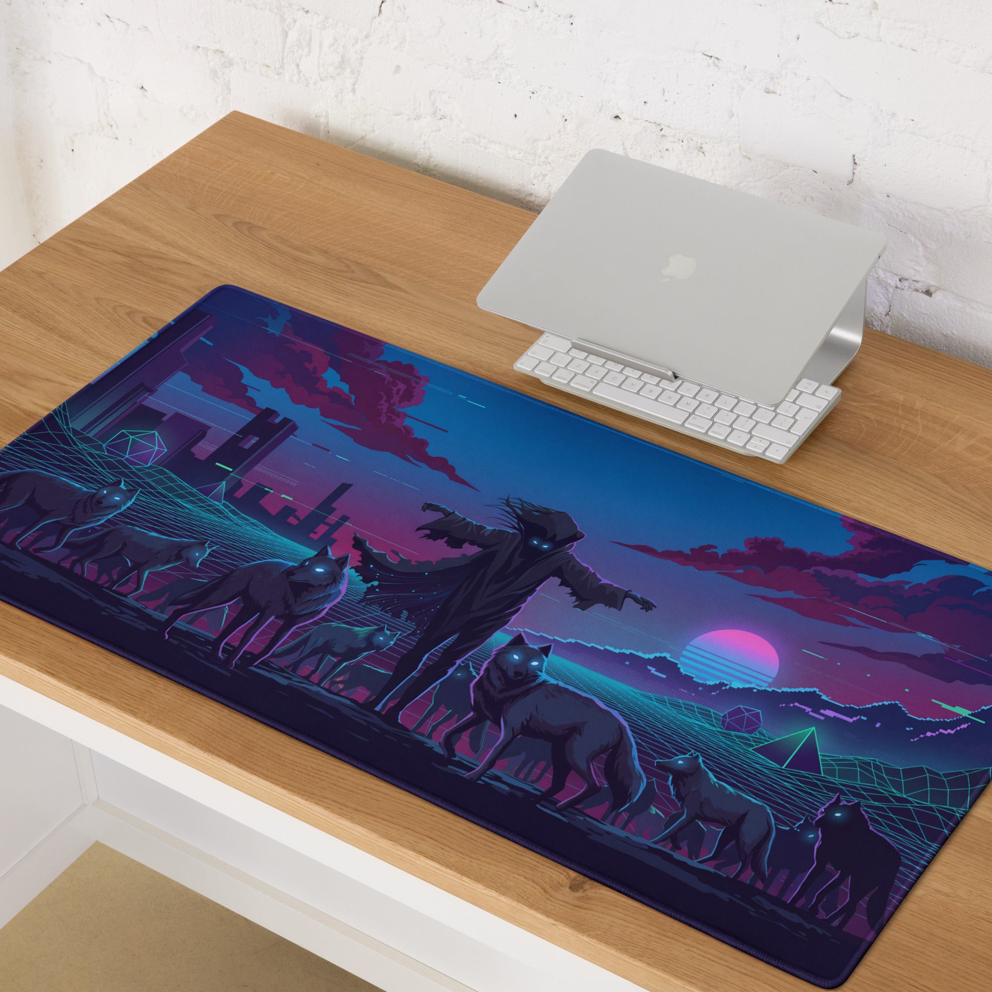 Navy blue vaporwave wolf neon mouse pad features a vibrant cyberpunk scene with glowing neon wolves and a lone figure