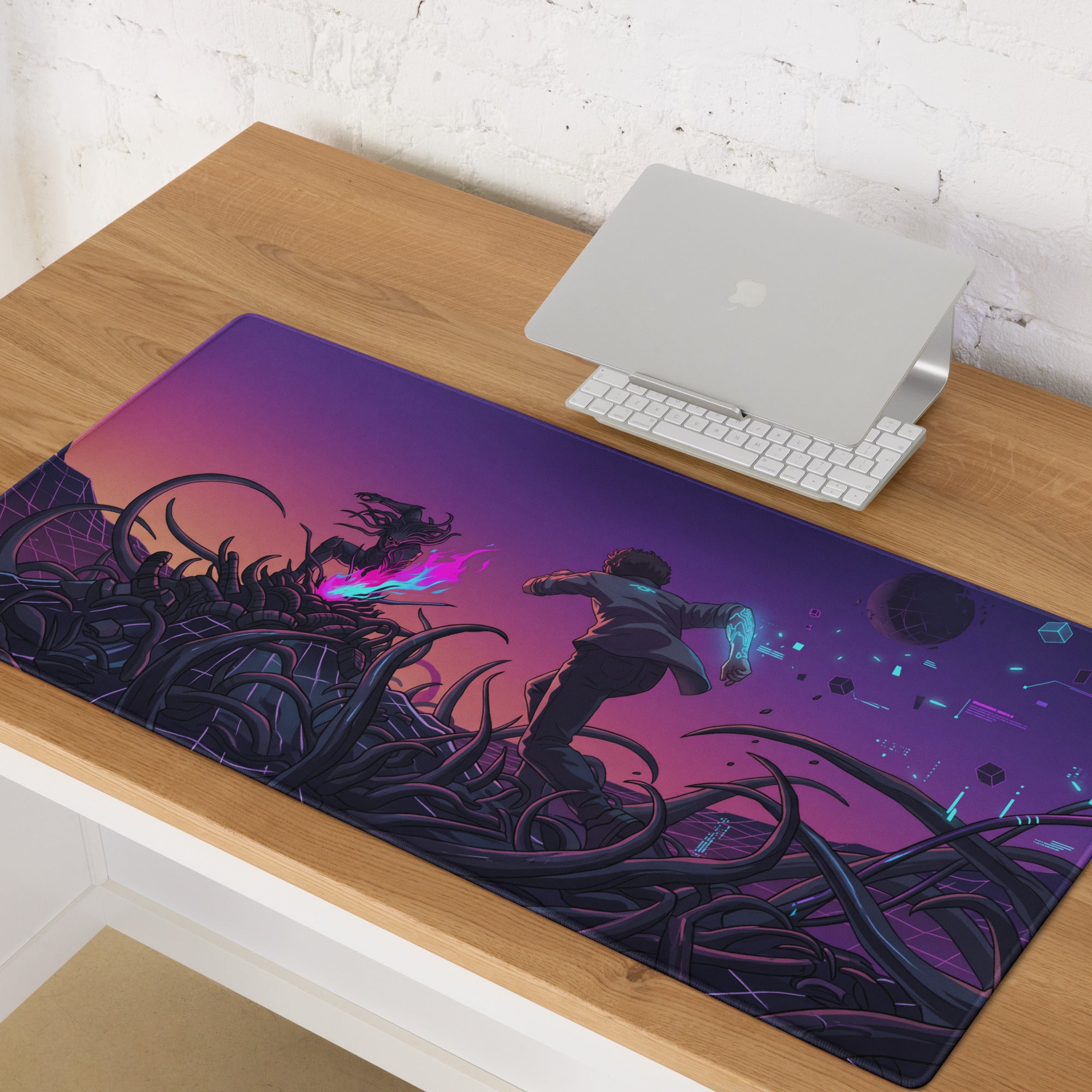 Neon vaporwave galaxy gaming mouse pad with purple pink gradient and dynamic sci-fi battle scene design