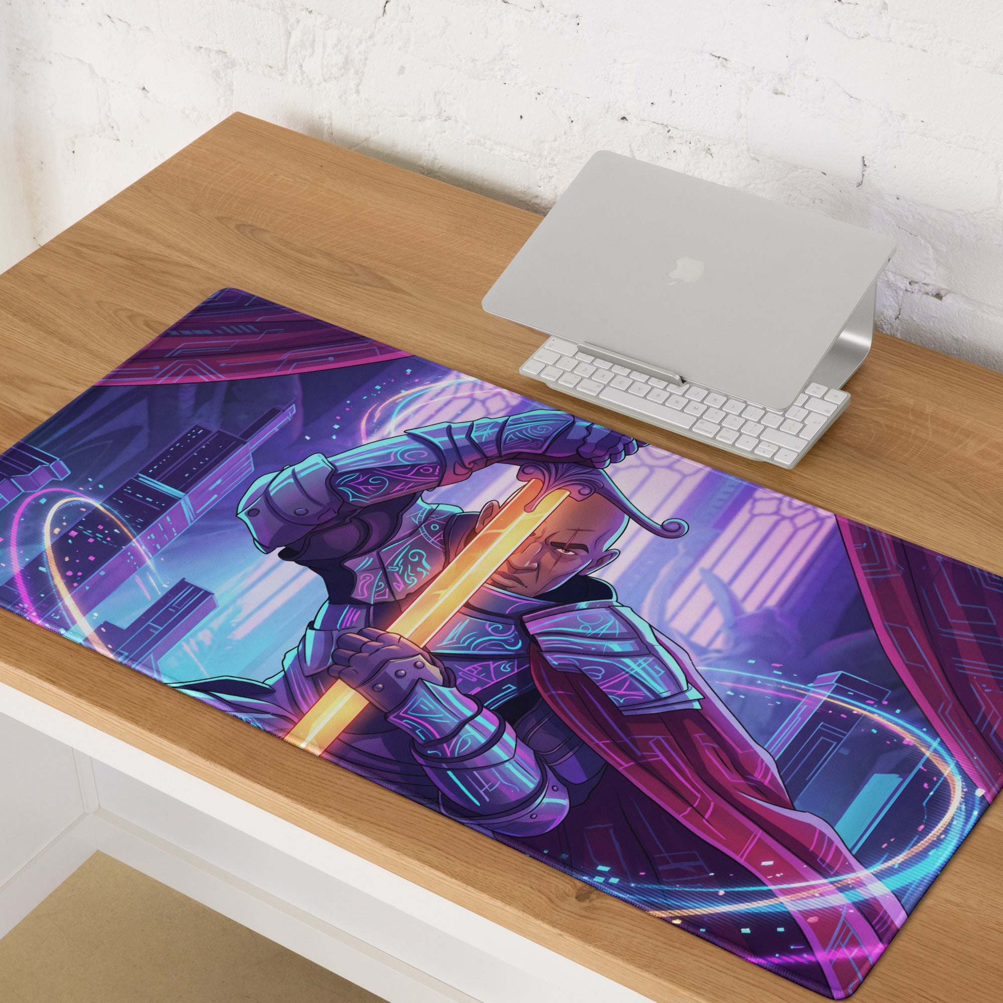 Neon vaporwave samurai mouse pad with vibrant purple and neon blue design featuring a futuristic warrior in a cyberpunk cityscape