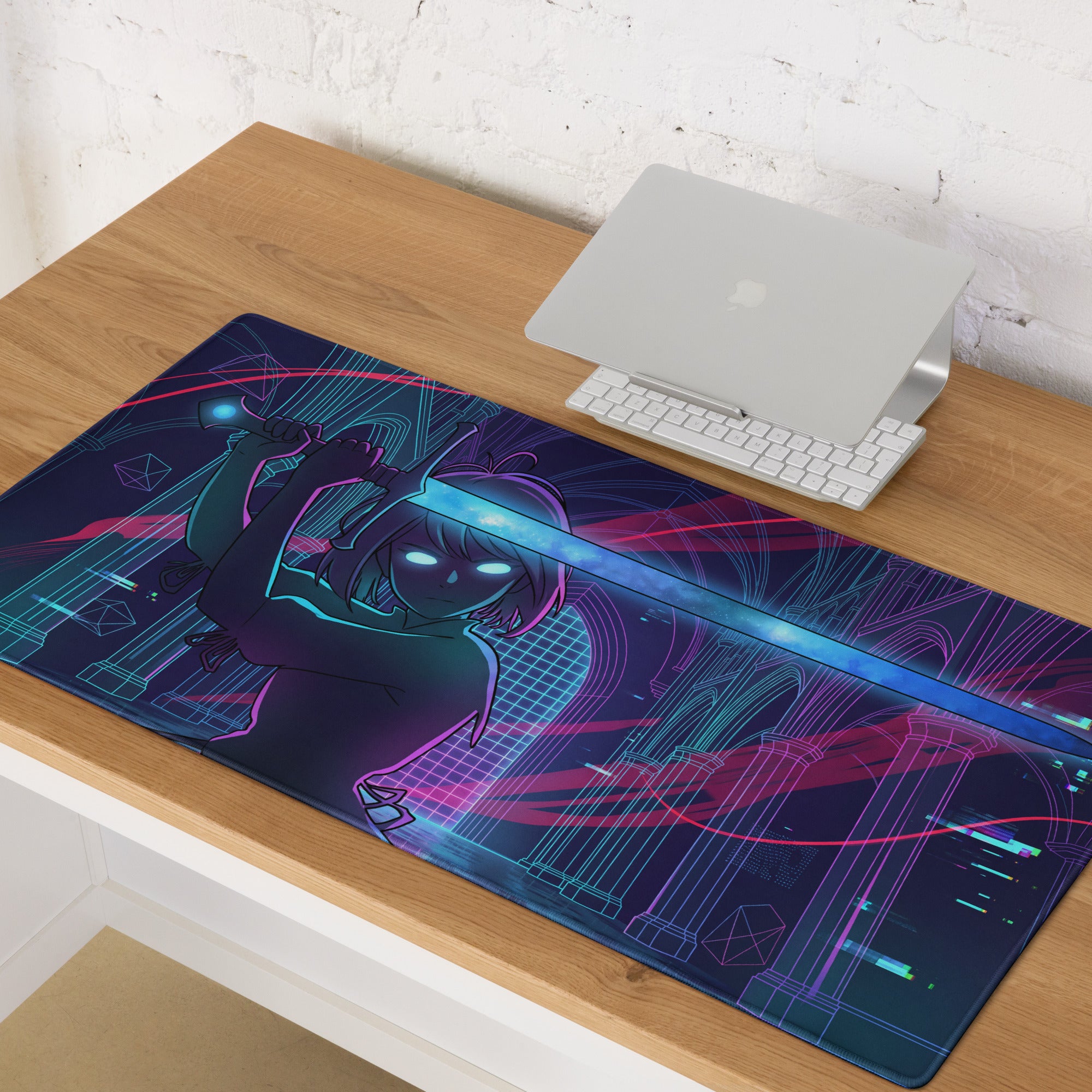 Navy blue and neon pink vaporwave neon blade gaming mouse pad with cyberpunk anime character and glowing eyes digital art