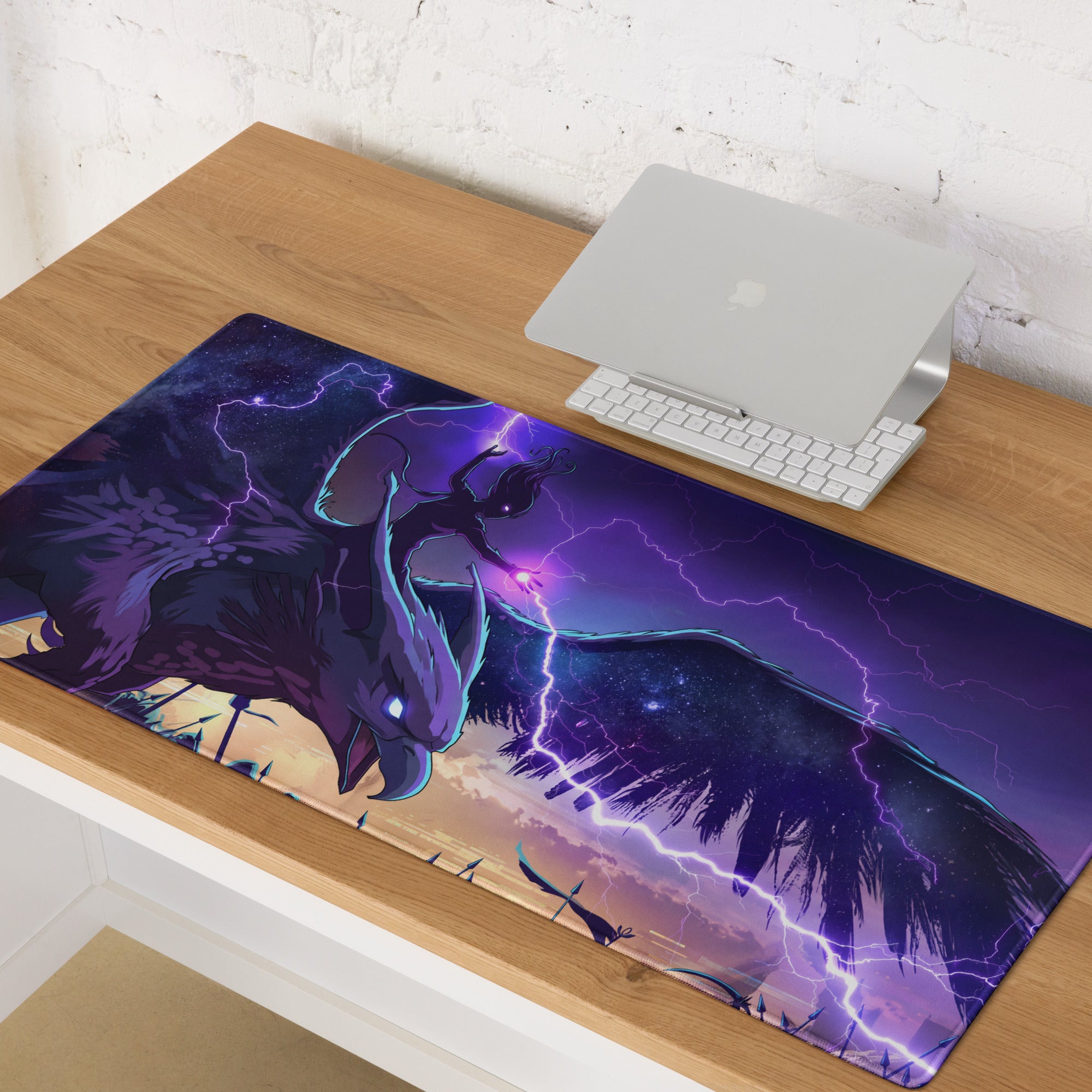 Rectangular vaporwave dragon neon mousepad with vibrant purple mythical bird and lightning on cosmic background