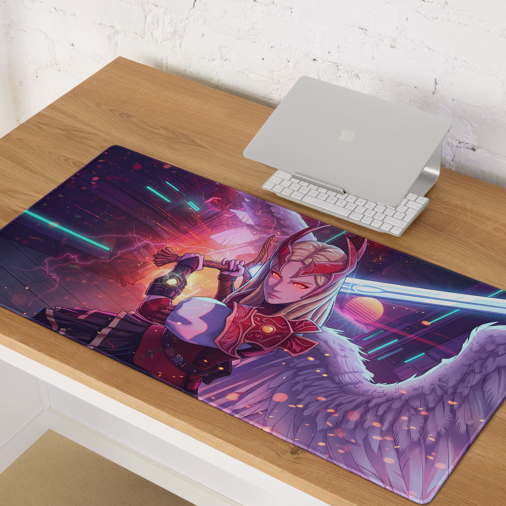 Vaporwave neon valkyrie gaming mouse pad with vibrant anime winged warrior in red and purple armor on cosmic background