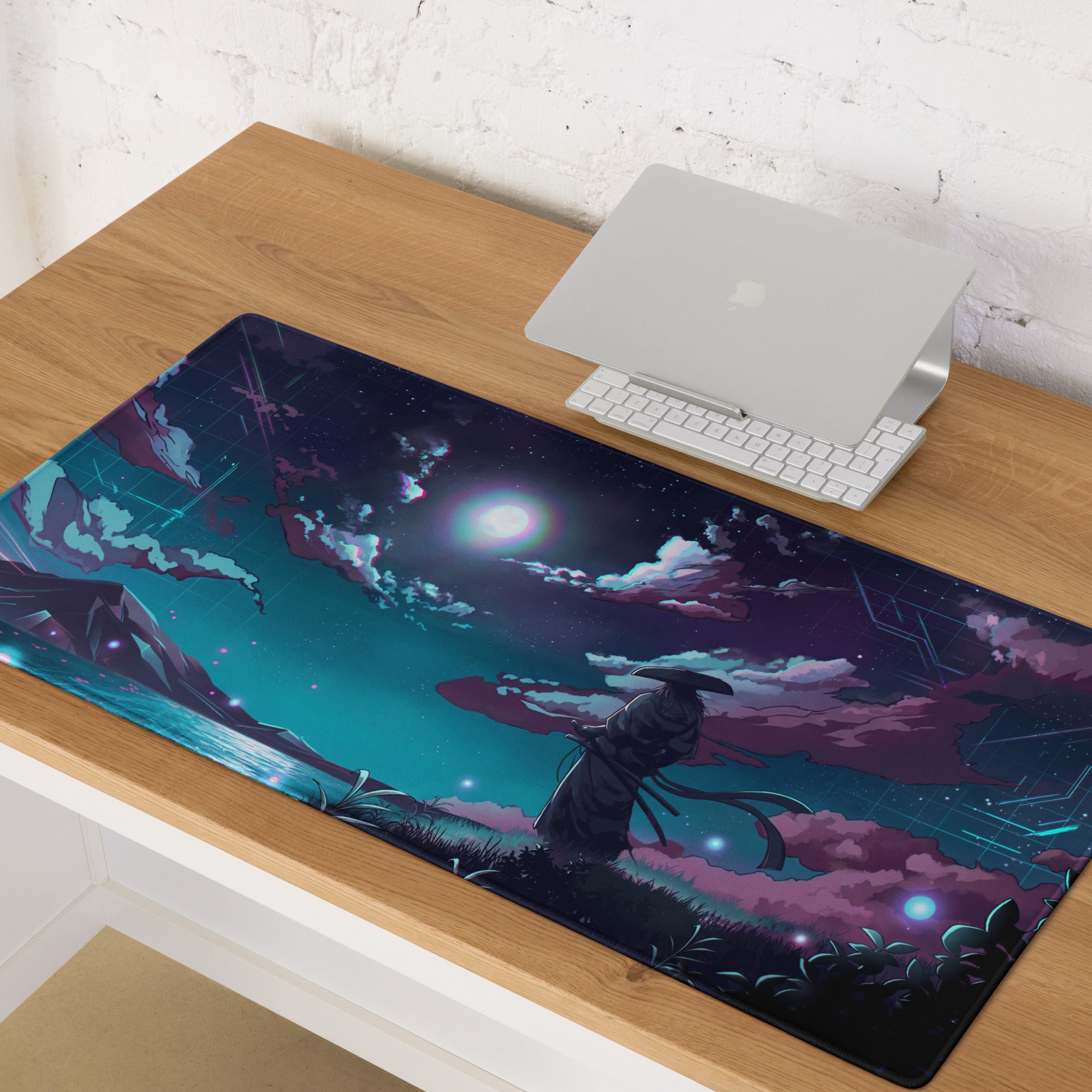 Rectangular glossy neon night vaporwave mouse pad with anime figure under teal and purple starry sky clouds