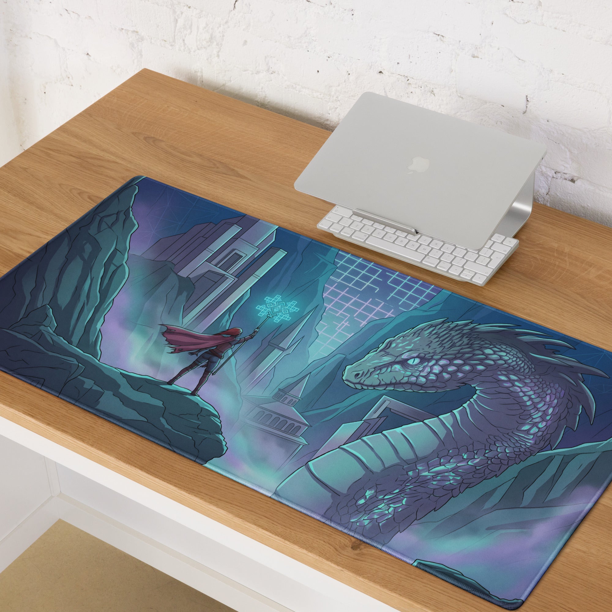 A rectangular vaporwave dragon neon gaming mousepad with a teal and purple fantasy warrior and dragon design