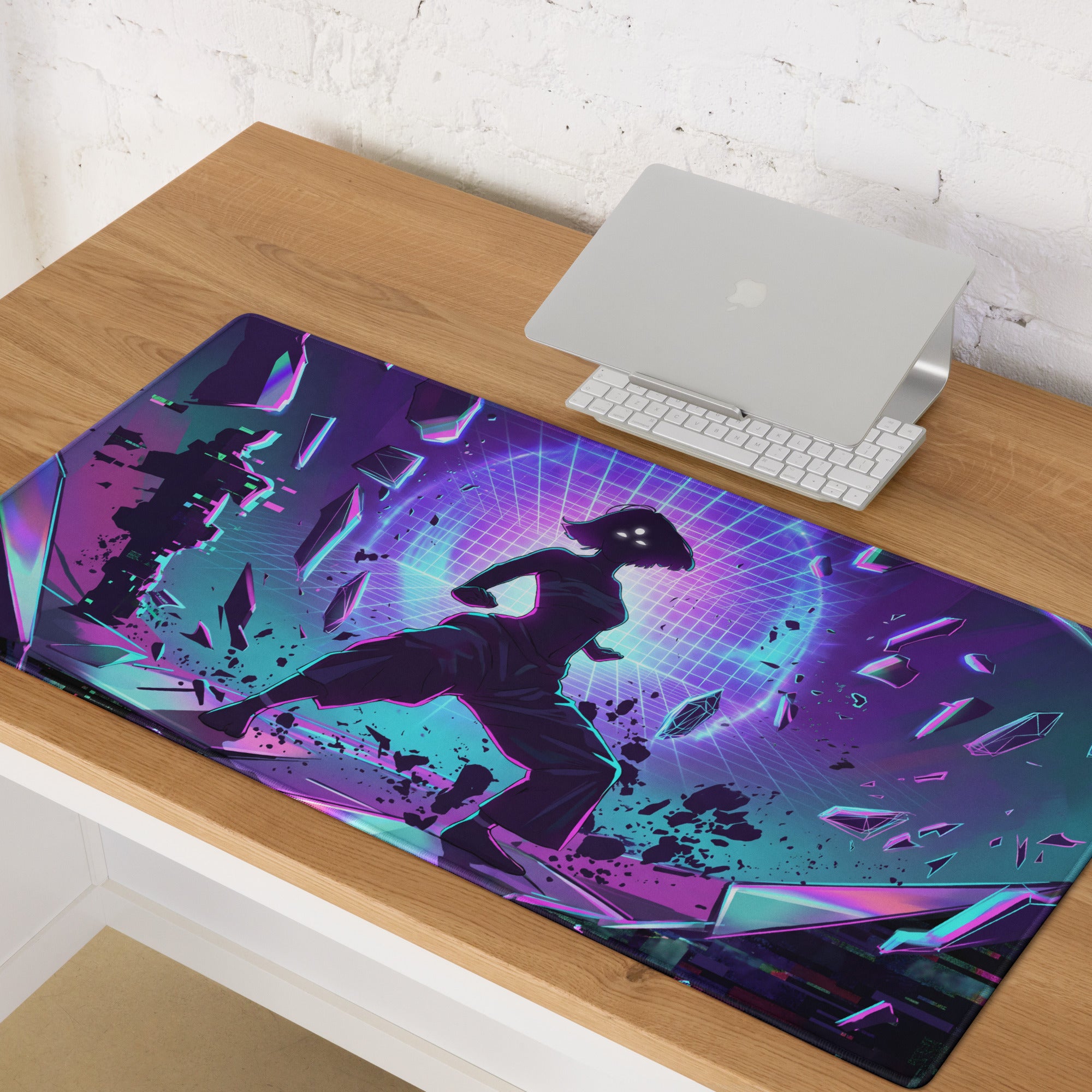 Neon vaporwave grid mouse pad with vibrant purple and teal cyberpunk design and dynamic dancer silhouette on a gaming desk