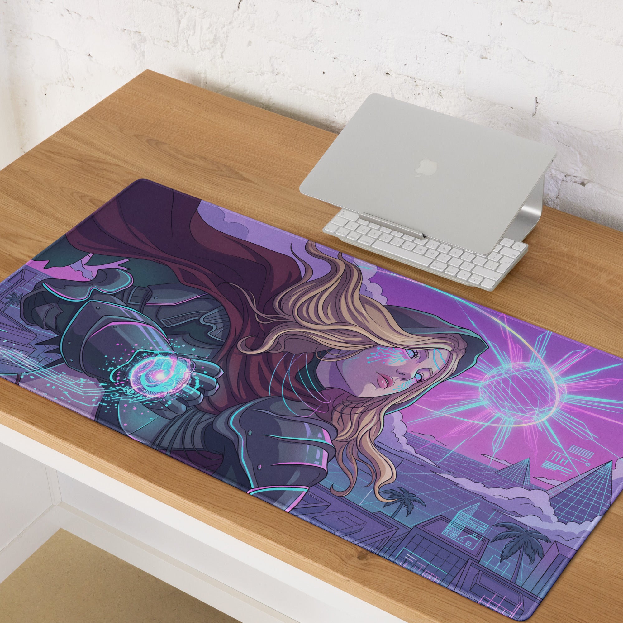 Neon vaporwave mouse pad featuring vibrant purple and neon blue fantasy warrior art for gamers with futuristic cityscape