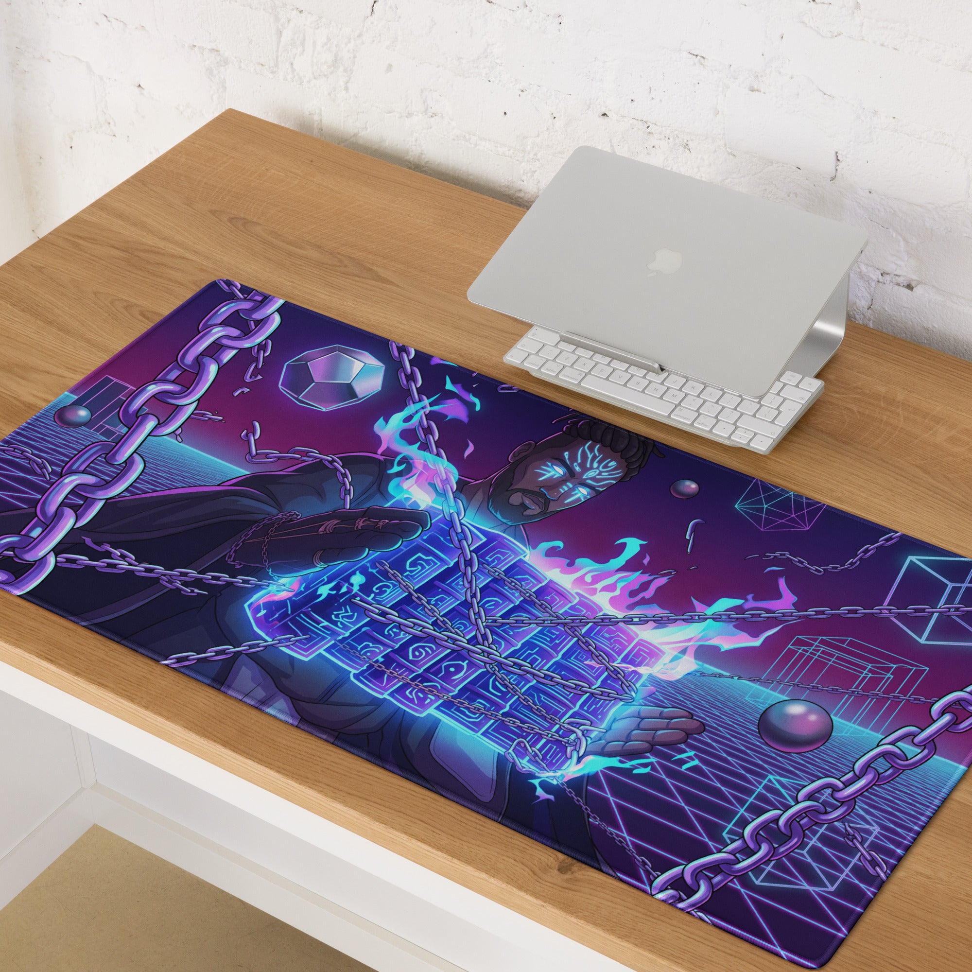 Neon vaporwave warrior gaming mouse pad with purple blue neon cyberpunk character breaking free from chains design