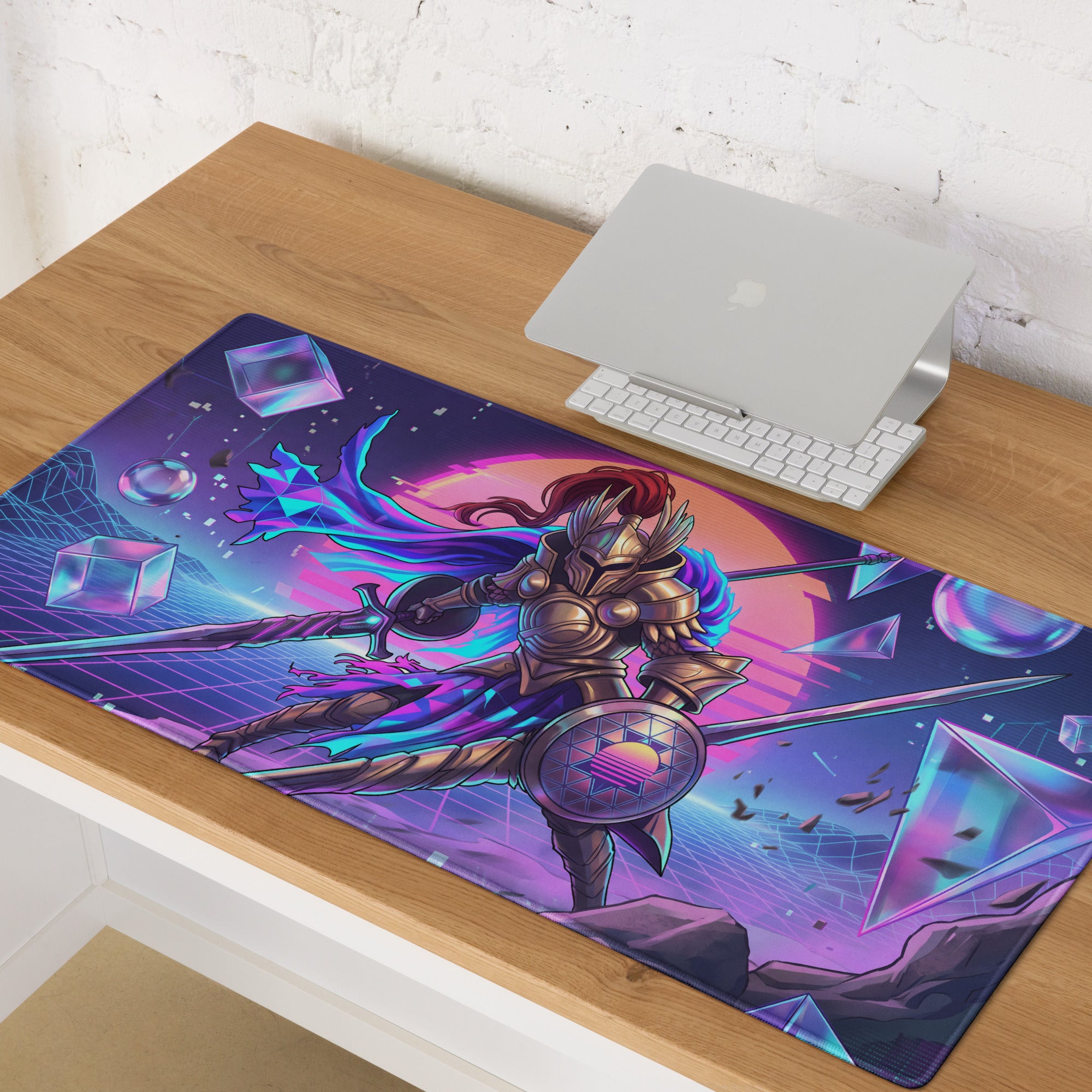 Vaporwave knight mouse pad with vibrant purple blue neon colors featuring a futuristic gold armored knight design