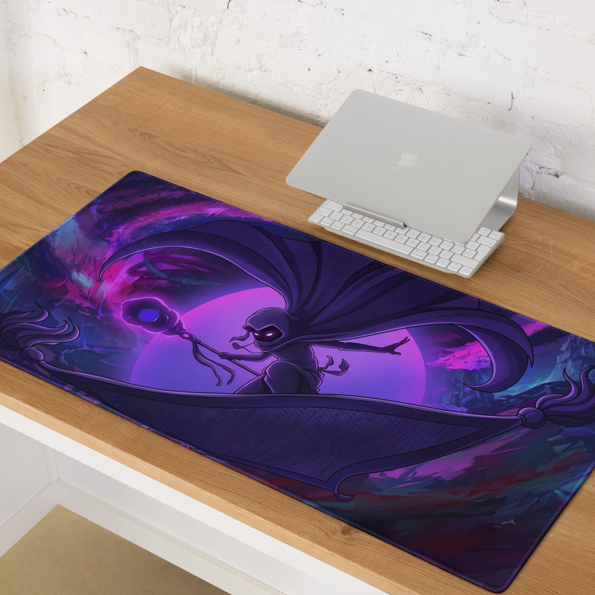 Purple and black vaporwave neon anime gaming mousepad featuring a fantasy winged character on a cosmic background
