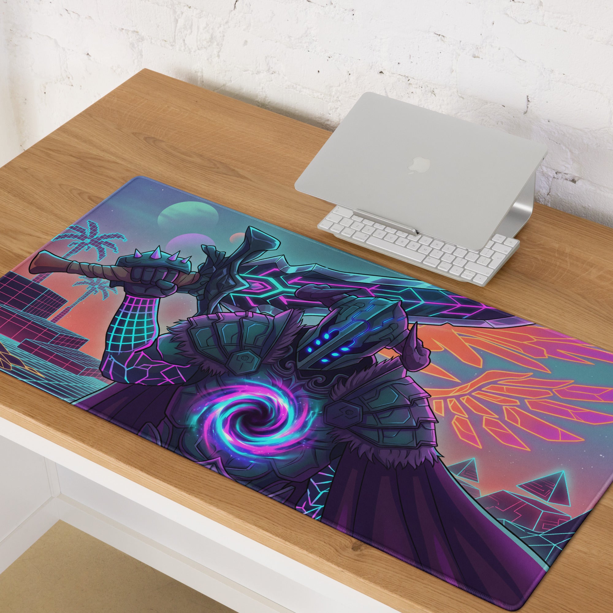 Neon dragon vaporwave mouse pad with vibrant pink purple neon colors featuring a glowing armored warrior and cityscape