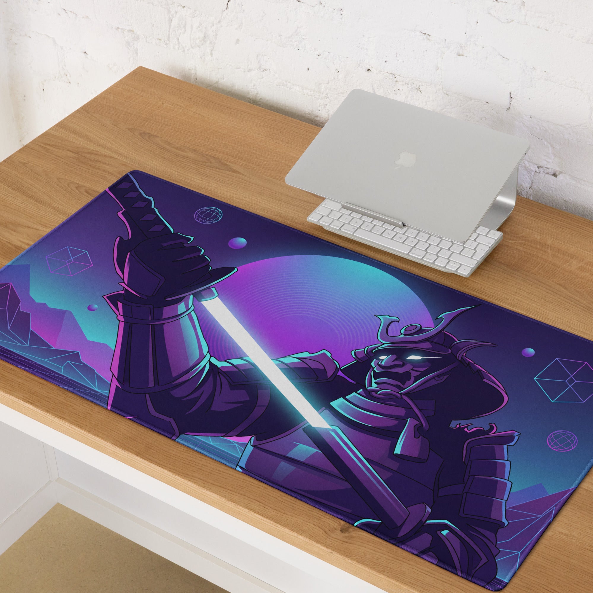 Purple and blue neon-themed gaming mousepad featuring a samurai warrior with a glowing lightsaber on cosmic background