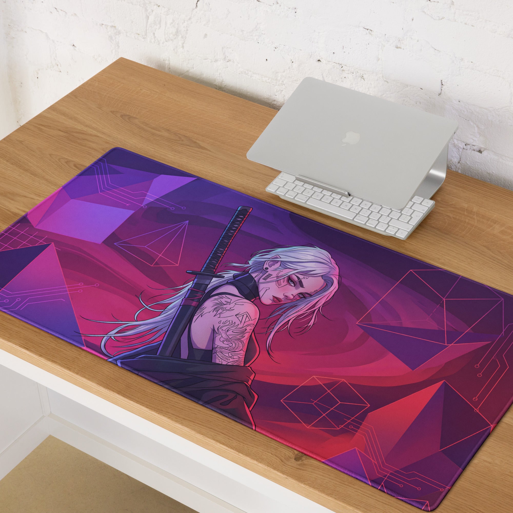 Purple and pink vaporwave neon warrior anime gaming mousepad featuring a silver-haired female character with sword