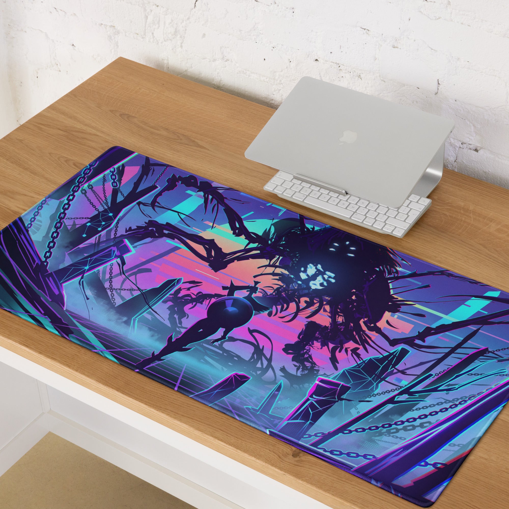 Neon vaporwave gaming mouse pad with vibrant purple and cyan cyberpunk design featuring skeletal branches and glowing shapes