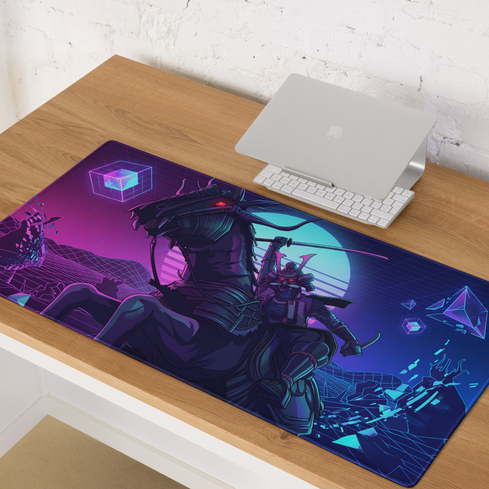 Neon vaporwave dragon desk mat navy blue and purple cyberpunk gaming mousepad with samurai on horseback and neon cubes