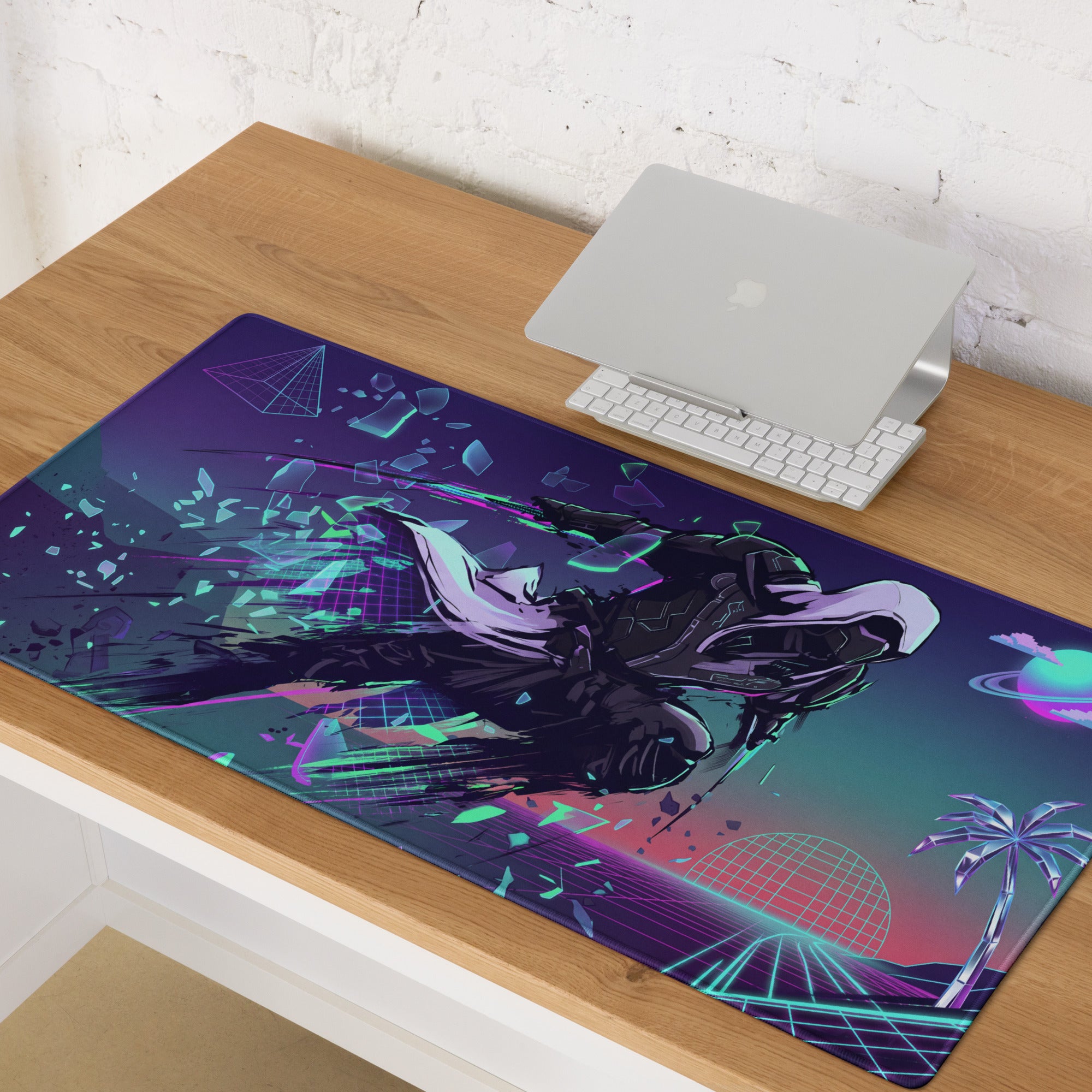 Vaporwave neon warrior mouse pad with vibrant purple blue cyberpunk design of futuristic motorcycle rider and palm trees