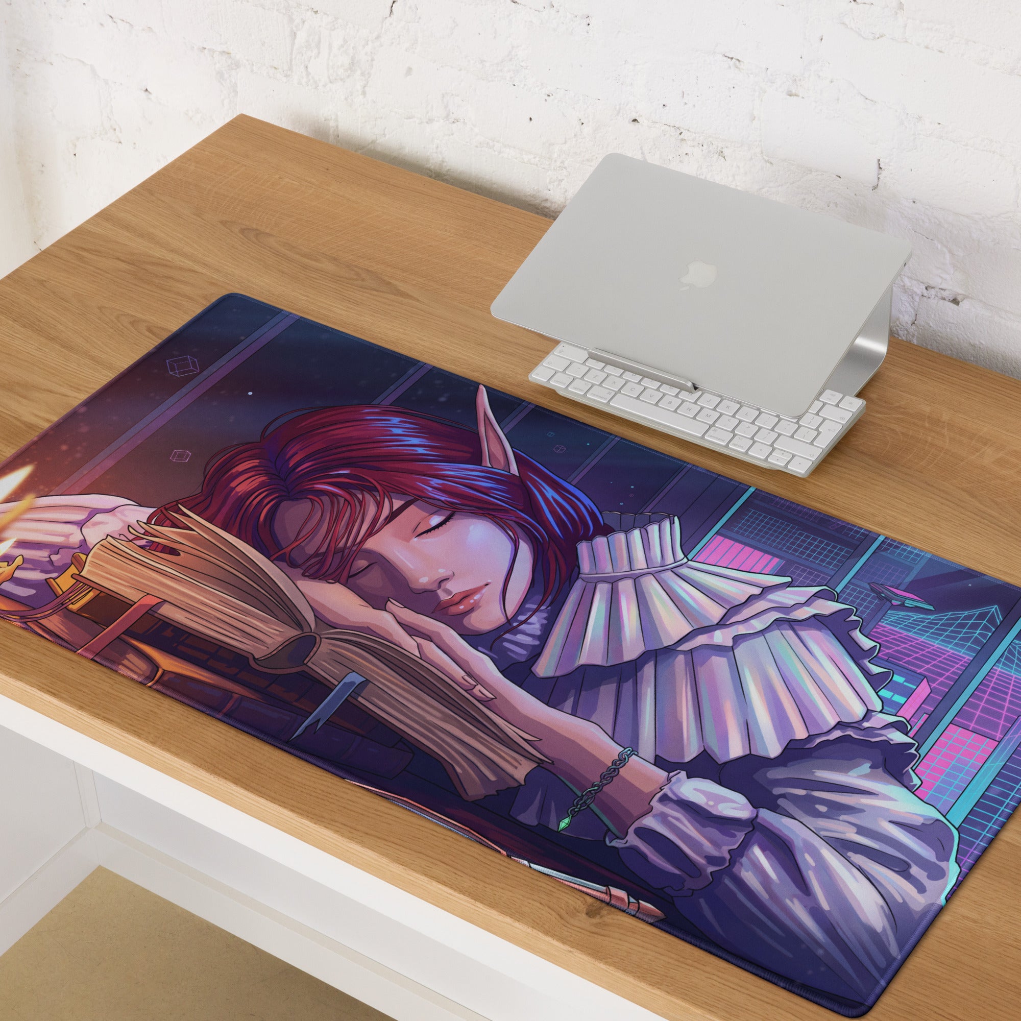 Vaporwave dream mouse pad featuring a vibrantly colored anime-style red-haired elf sleeping on a book with a neon city backdrop