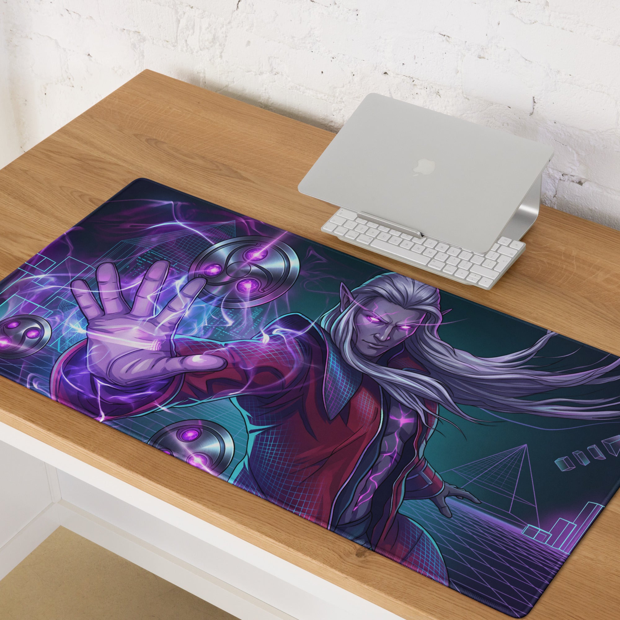 Vaporwave neon mage gaming mousepad in purple and red featuring an elf with glowing eyes and futuristic energy effects