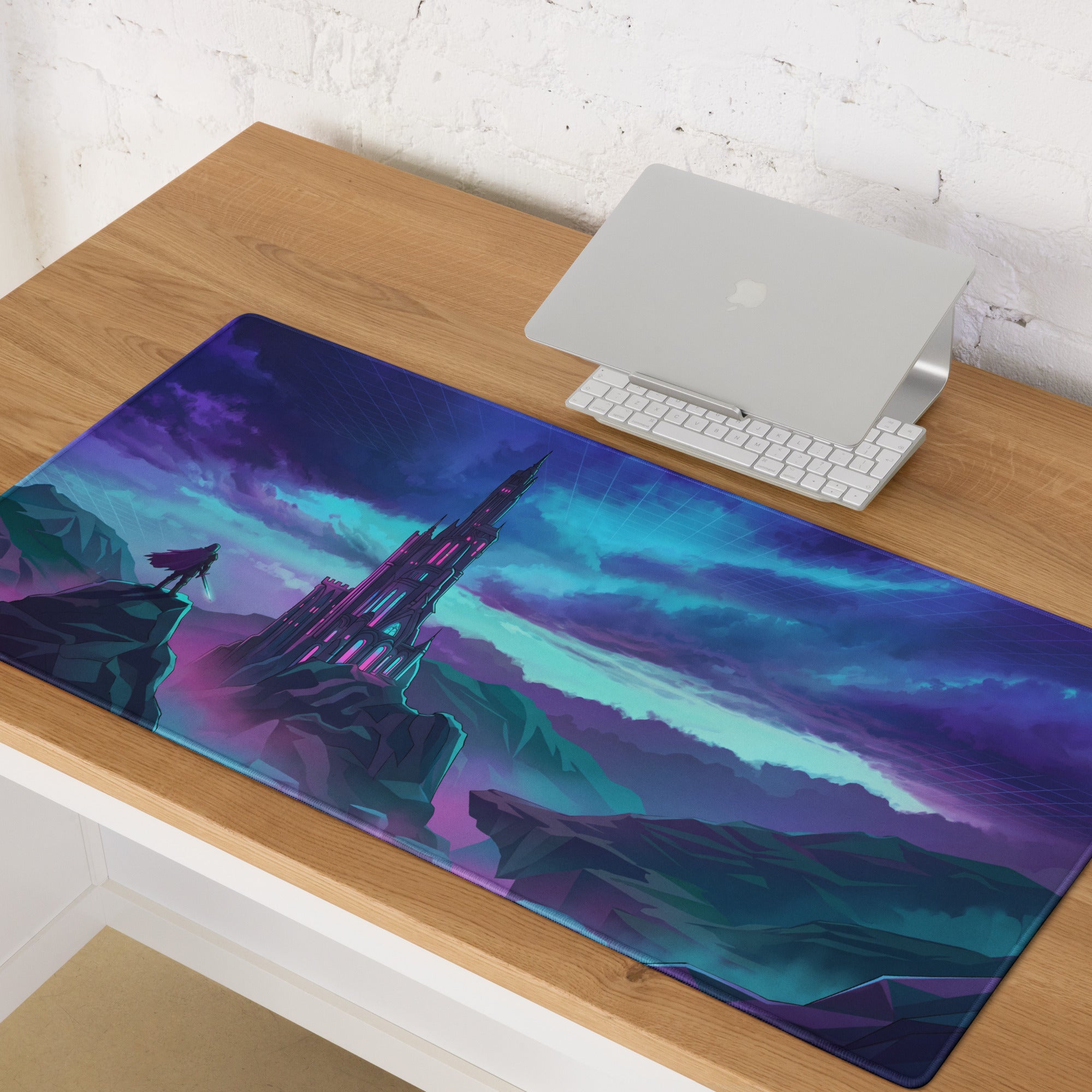 Neon city vaporwave mouse pad with vibrant purple blue fantasy castle design under aurora sky for gaming desks