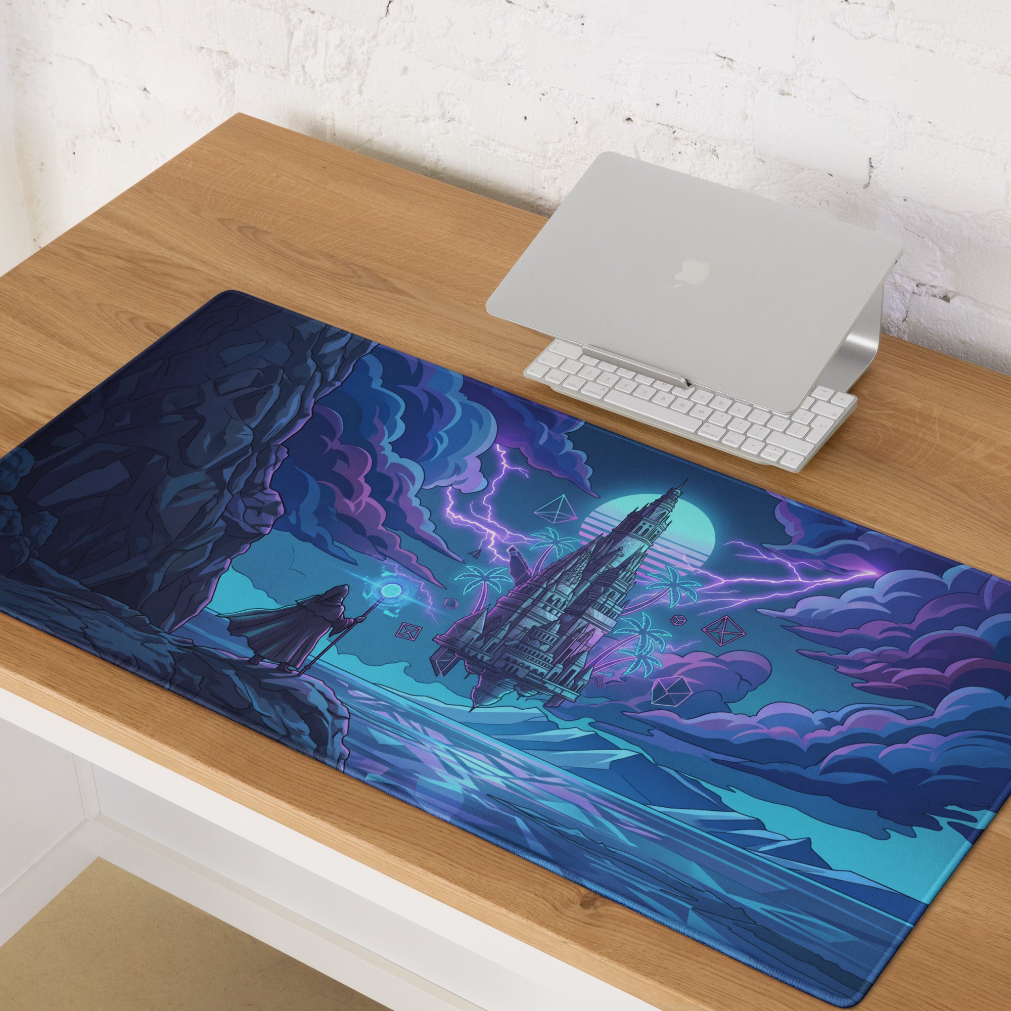 Neon castle vaporwave gaming mouse pad with vibrant blues purple and cyan sci-fi scene featuring a lone figure and spaceship