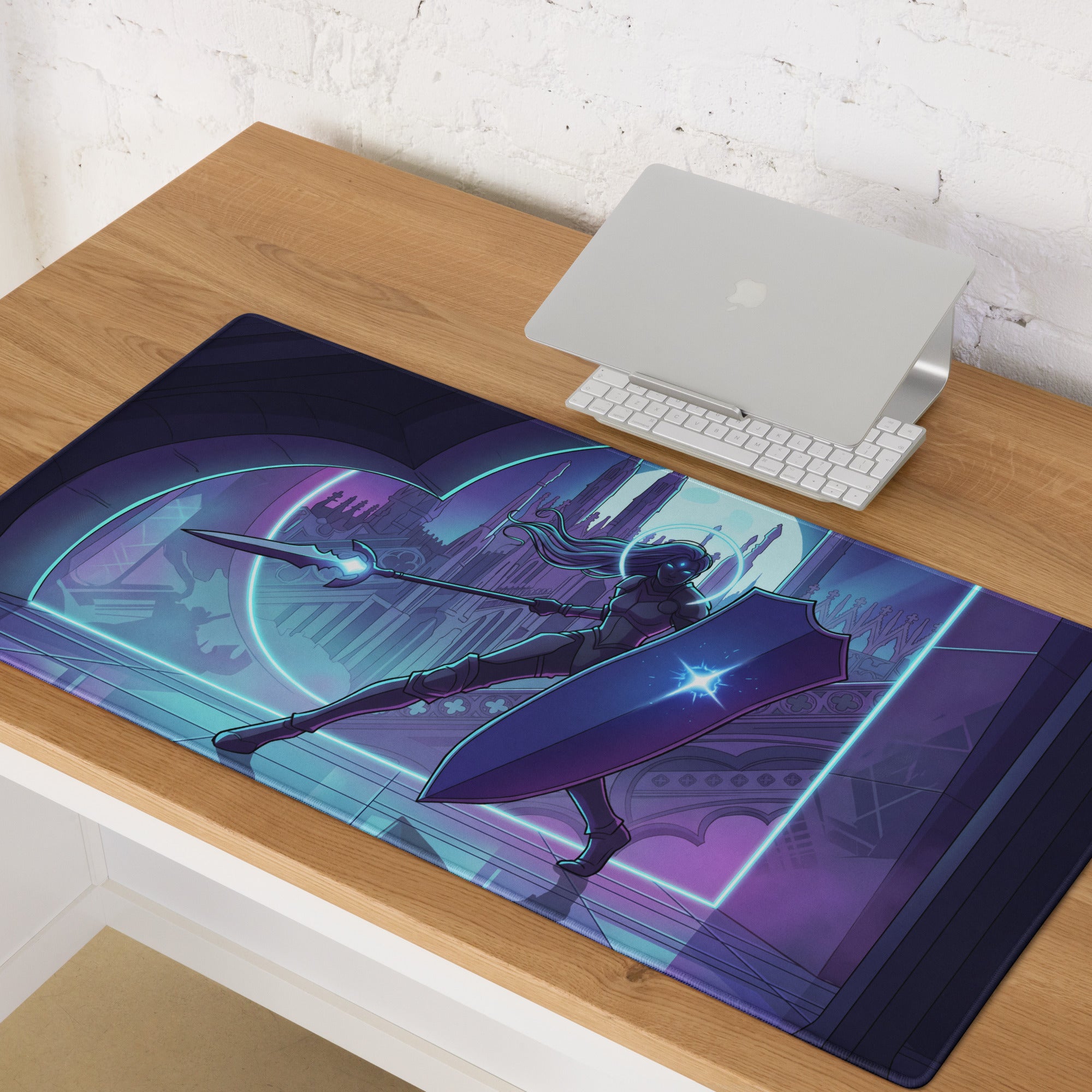 Purple and blue neon-themed gaming mousepad featuring a stylized warrior with spear and shield for gaming mood decor