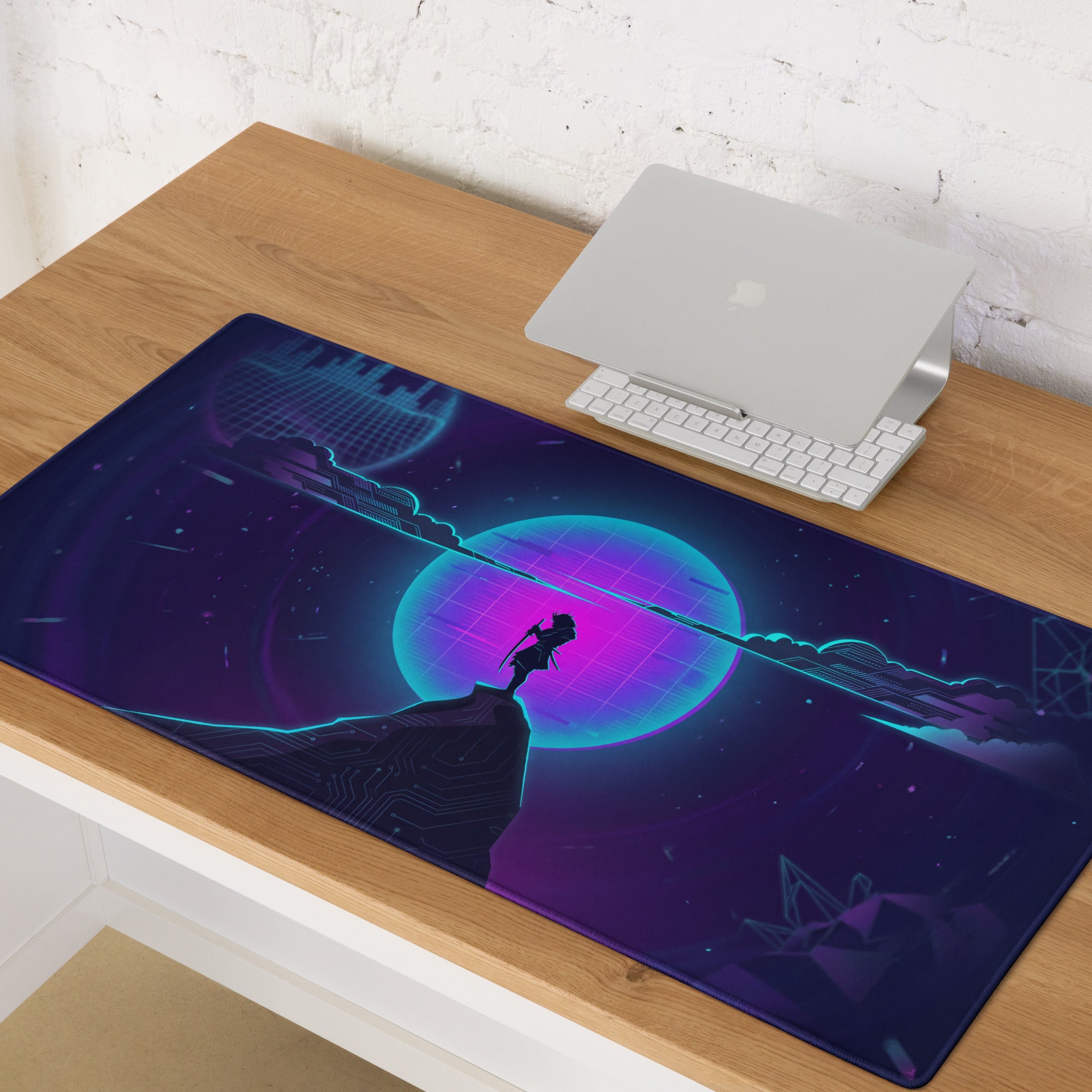 Navy blue and purple neon cyberpunk gaming mousepad with glowing futuristic cityscape for vaporwave desk setup