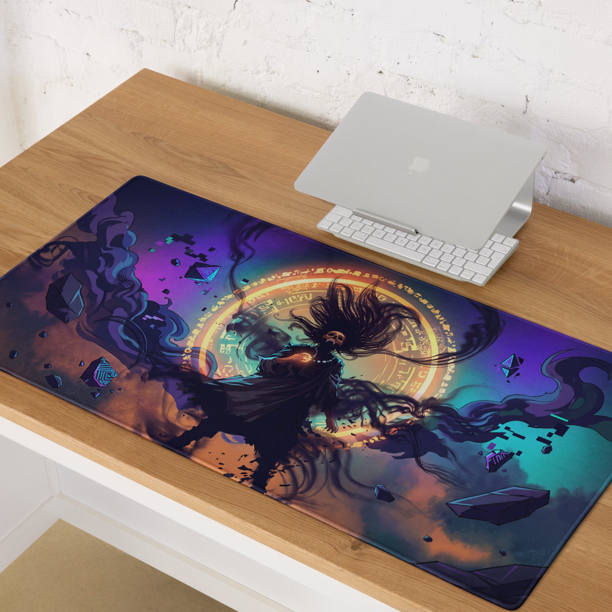 Vibrant purple and teal vaporwave neon nightscape gaming mouse pad with dynamic figure and cosmic backdrop design