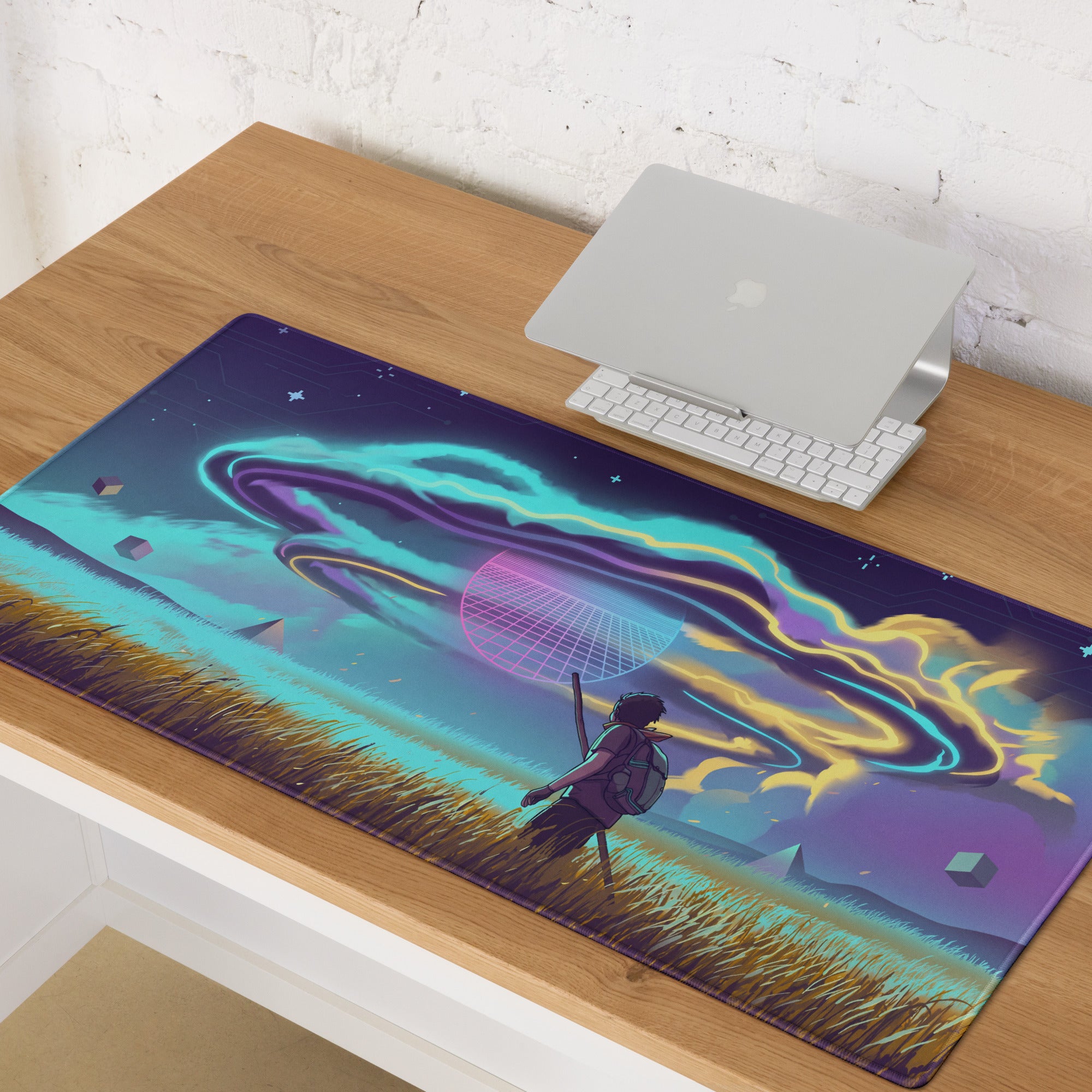 Vaporwave neon galaxy gaming mouse pad with vibrant neon purple cyan cosmic design and lone figure in grassy field under auroras
