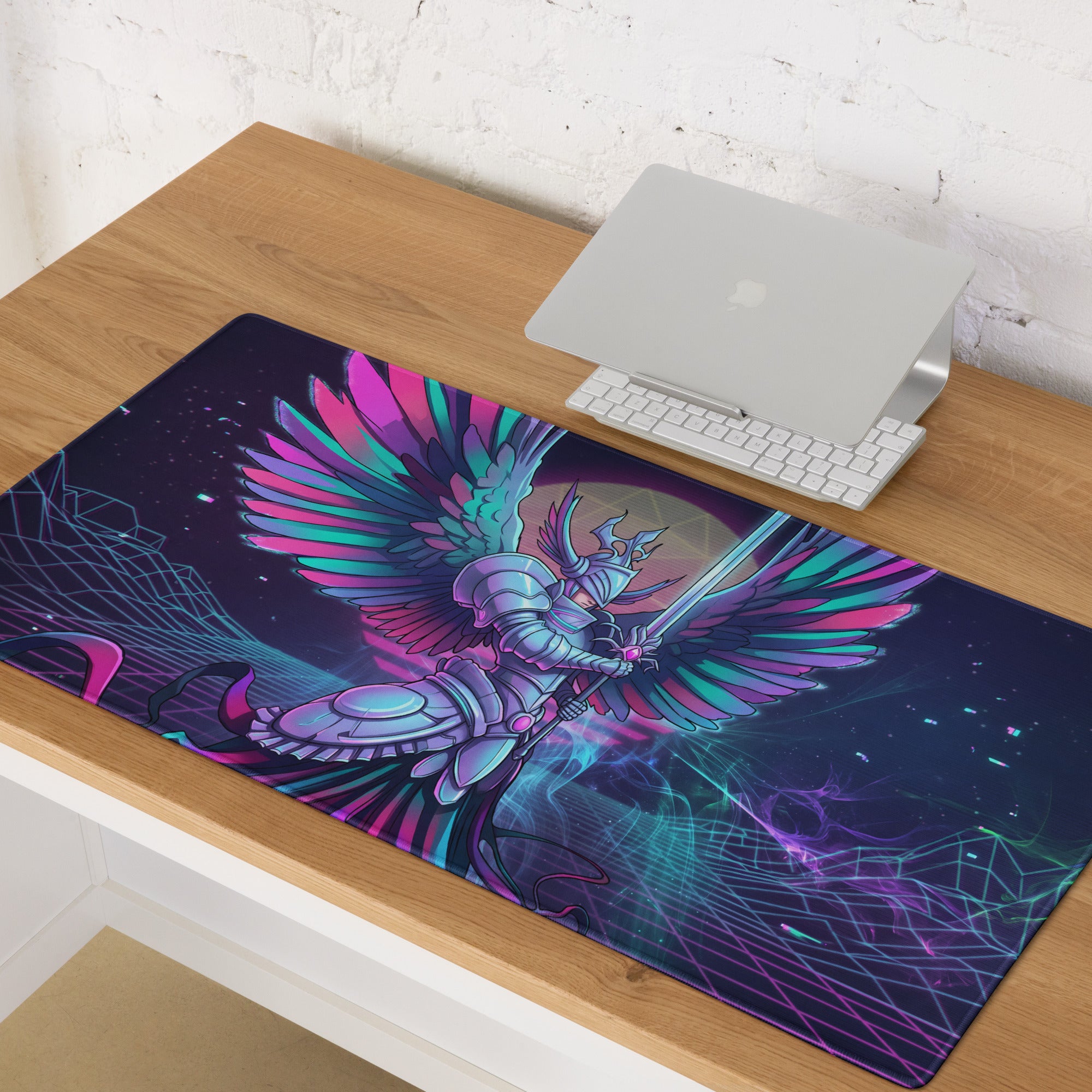 Vaporwave wings gaming mouse pad with neon pink and teal winged knight graphic on sleek dark blue surface