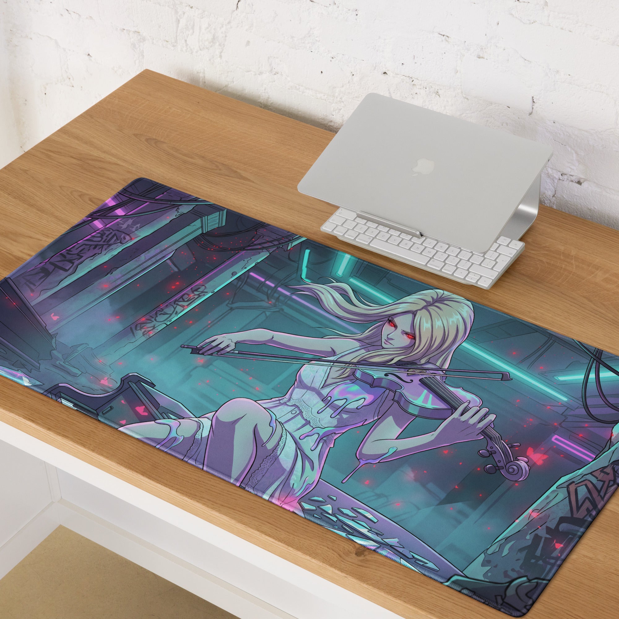 A rectangular glossy gaming mousepad with a vibrant neon pink teal anime violinist design in a cyberpunk cityscape