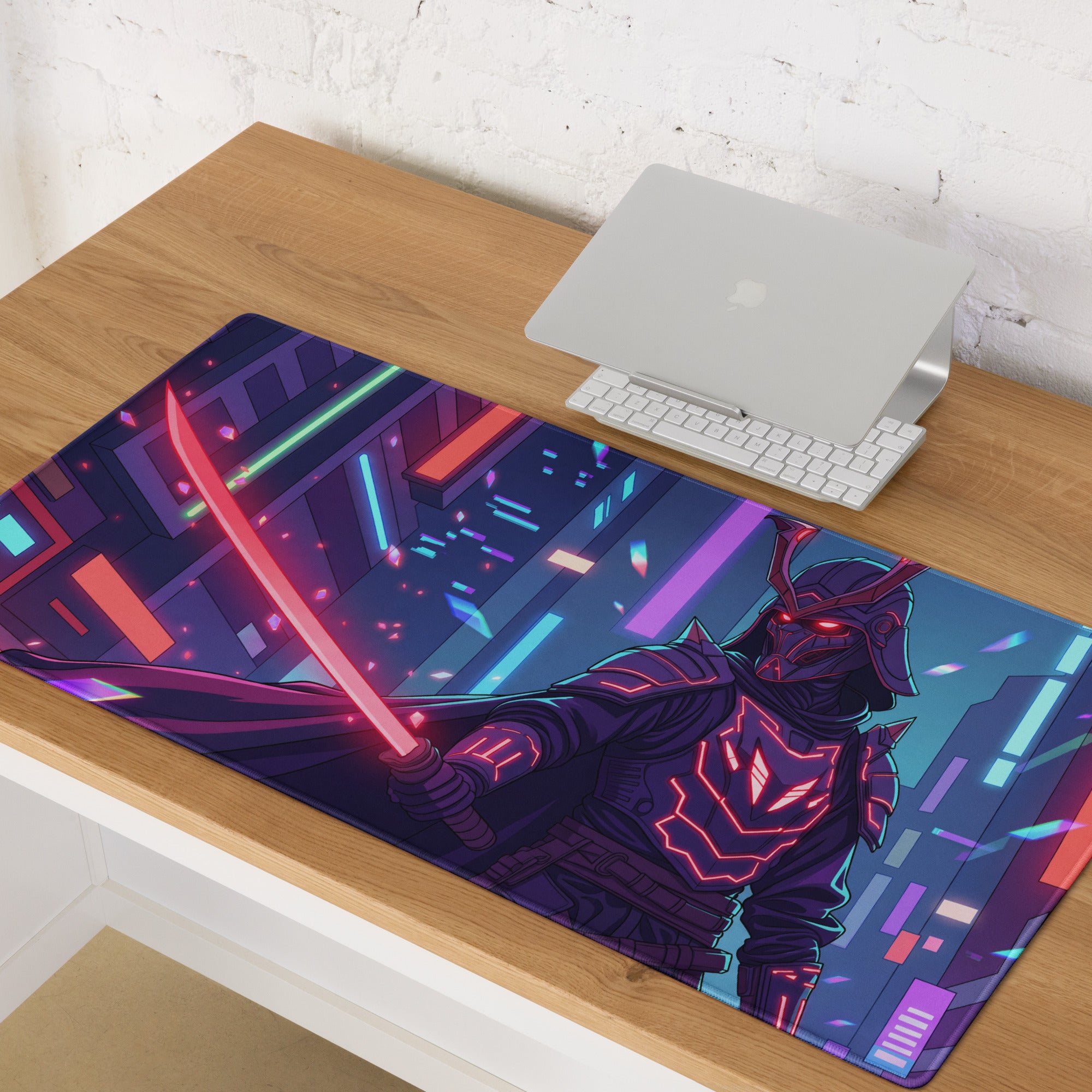 Vaporwave neon nexus mouse pad featuring ninja-themed neon cyberpunk design with glowing red sword and futuristic cityscape
