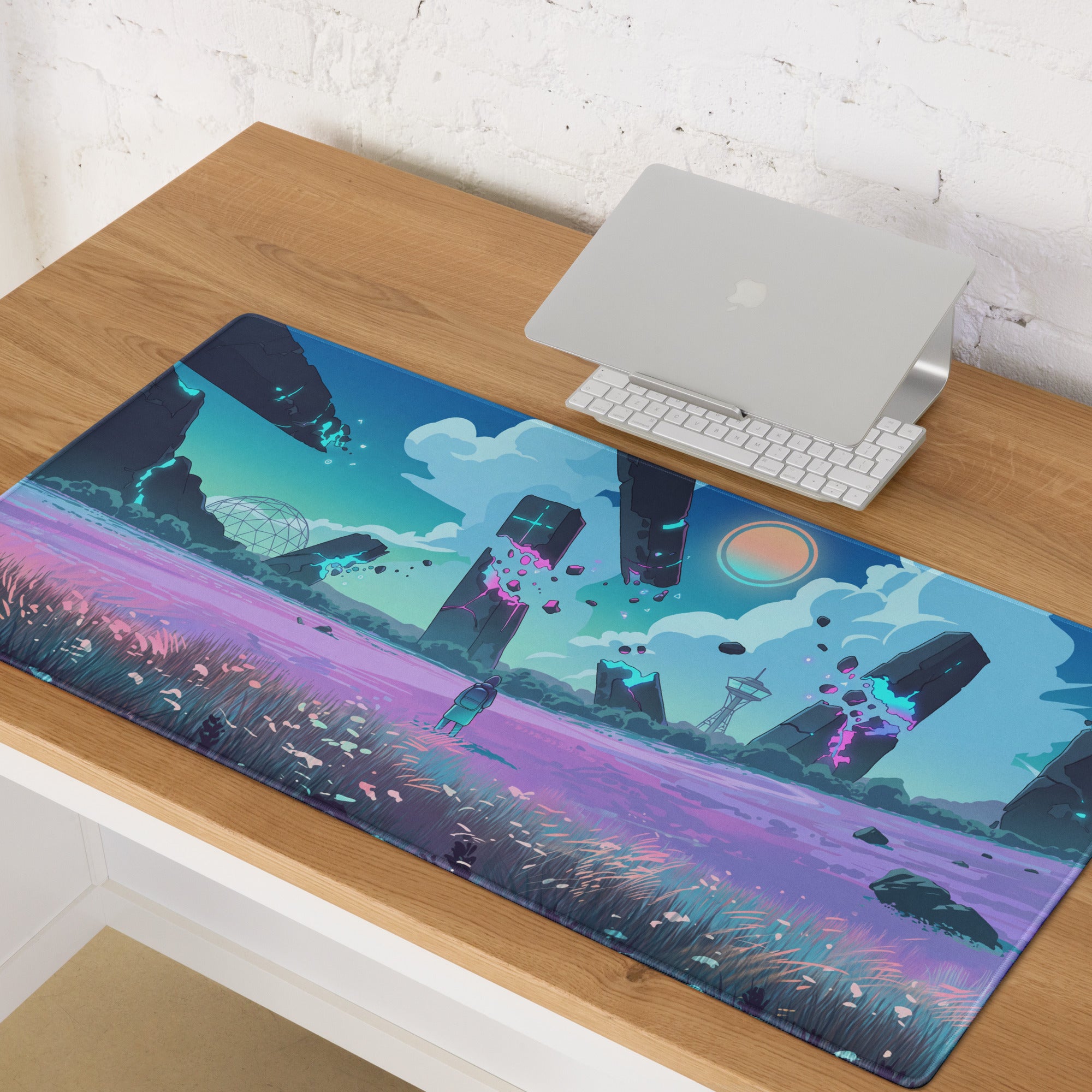 A vibrant vaporwave neon landscape gaming mouse pad with teal purple and pink futuristic floating structures