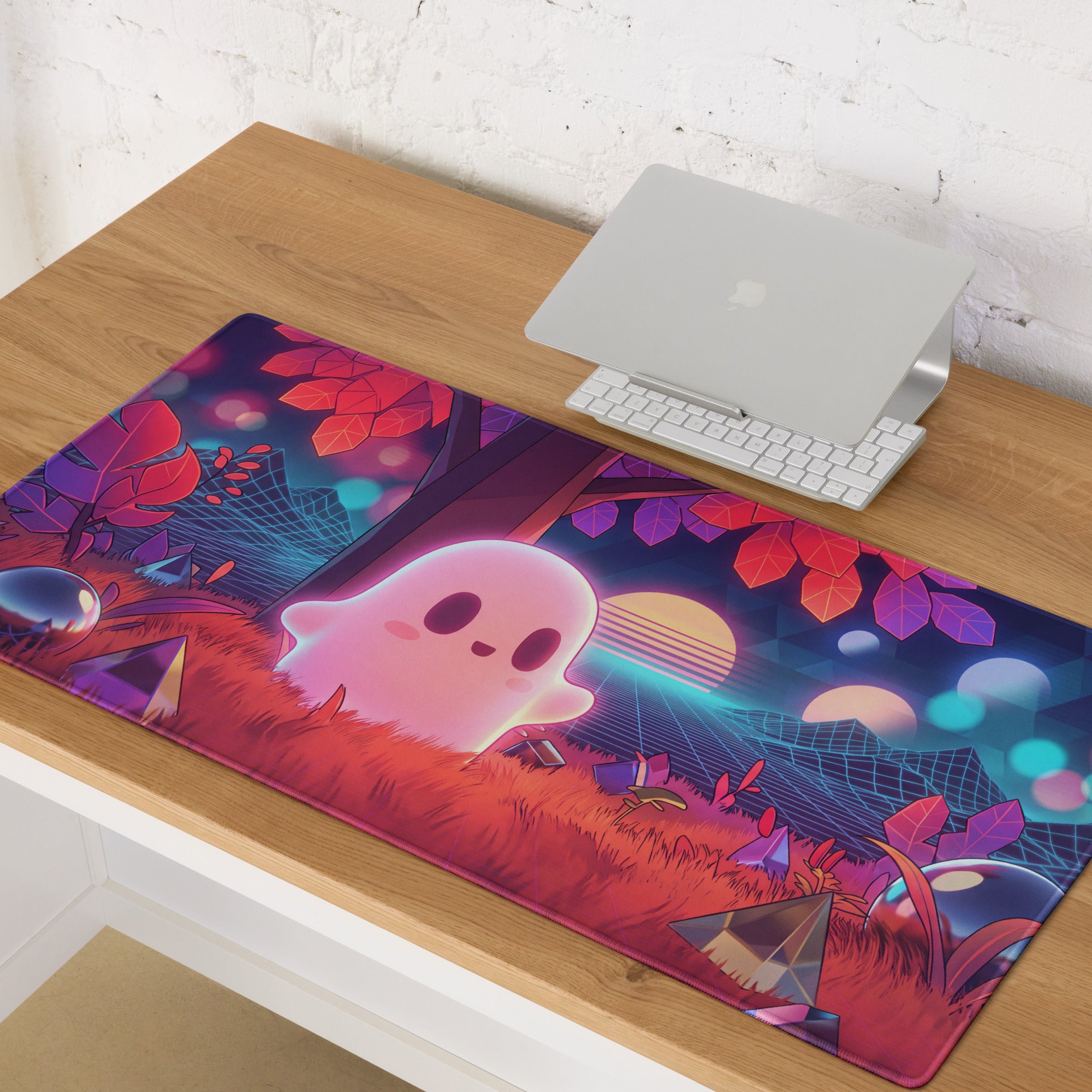 Vaporwave neon ghost desktop mouse pad with vibrant pink ghost in neon-lit forest on a rectangular surface