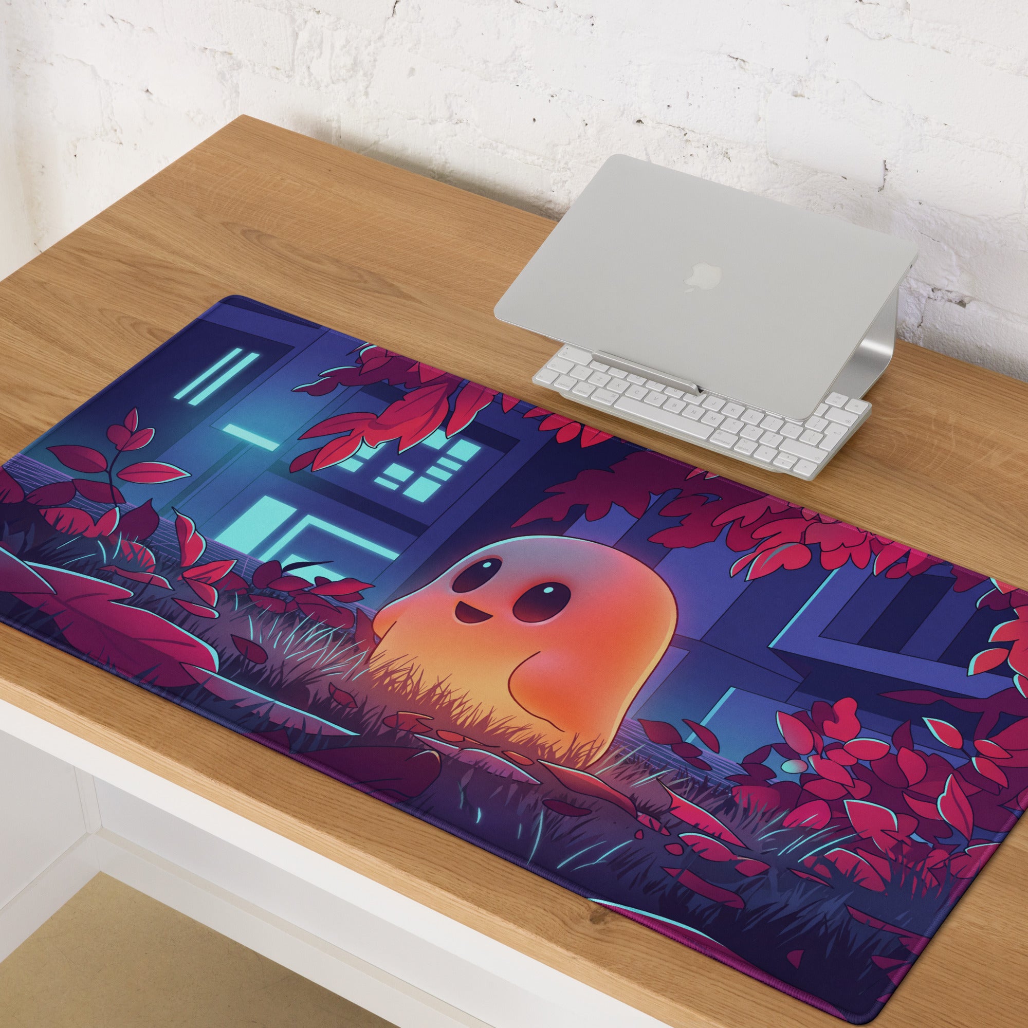 Neon ghost vaporwave rectangular gaming mousepad with cartoon orange creature and red foliage on dark blue night scene