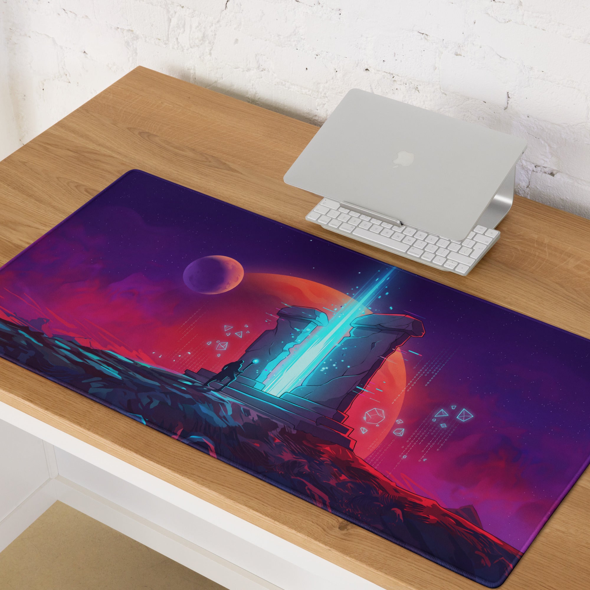 Vibrant purple and pink vaporwave neon night mouse pad with glowing blue beam design for gaming desks