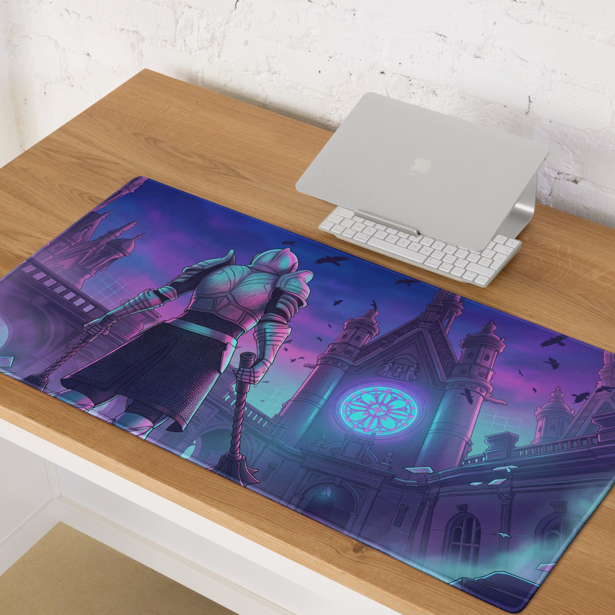 Vibrant purple and teal vaporwave neon city knight mouse pad featuring a knight before an ornate cathedral design