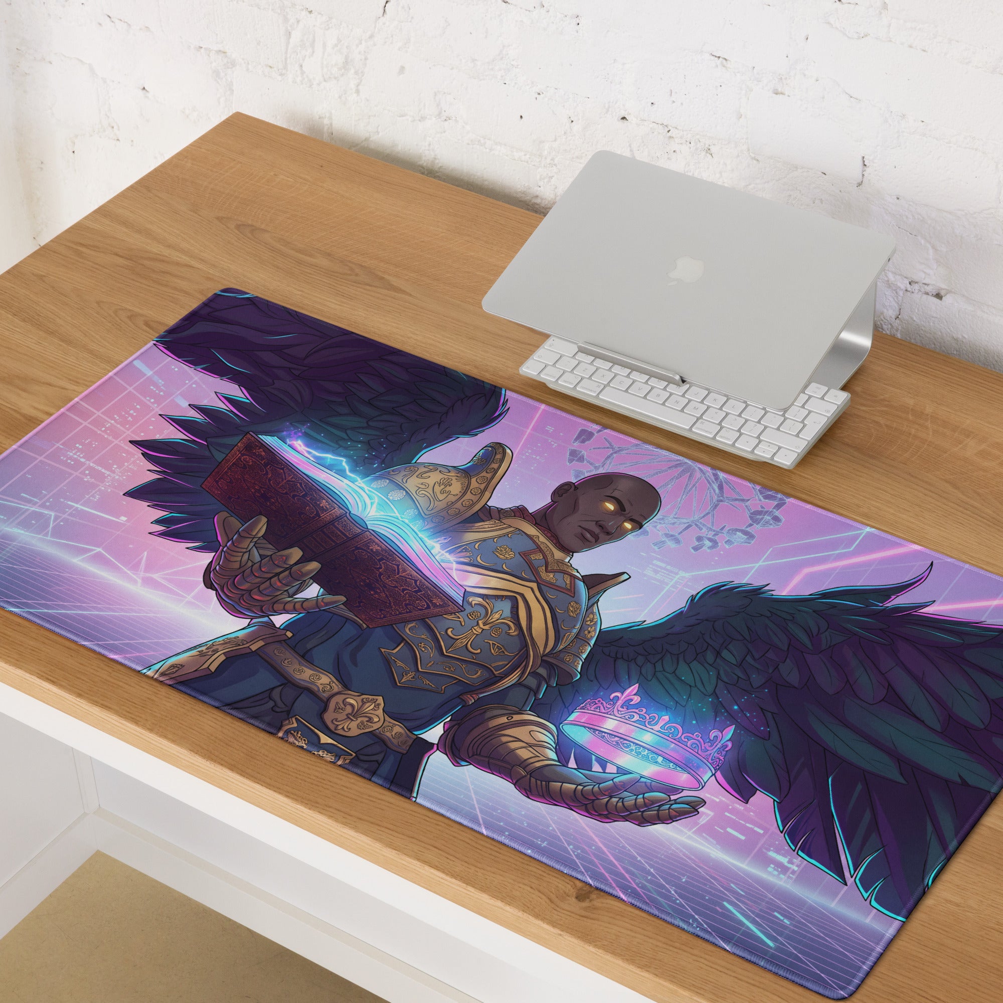 A vibrant vaporwave angel neon pad gaming mousepad with dark wings holding a glowing book in pink purple blue tones