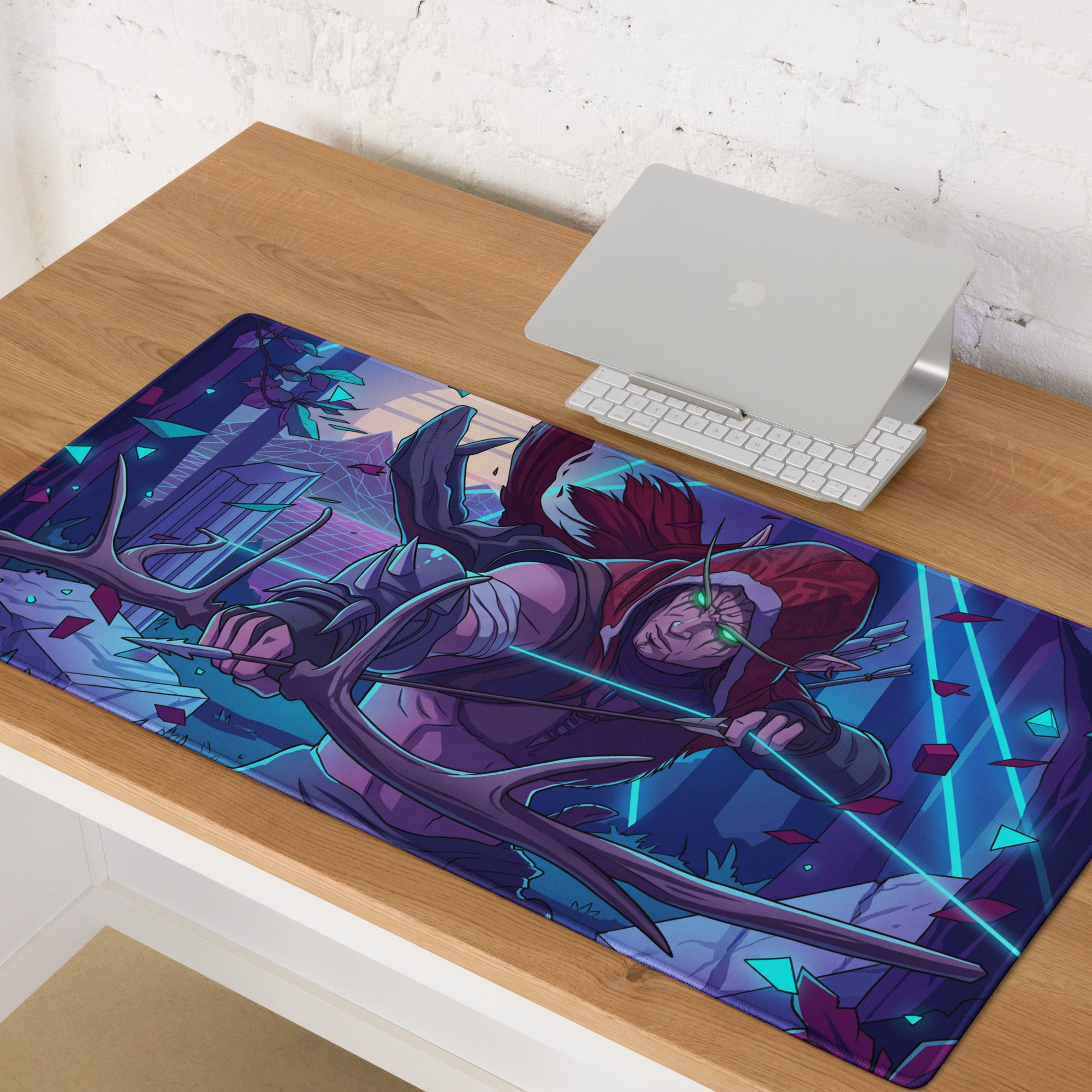 Purple and blue vaporwave neon dragon gaming mouse pad featuring a fantasy character with glowing green eyes and antlers