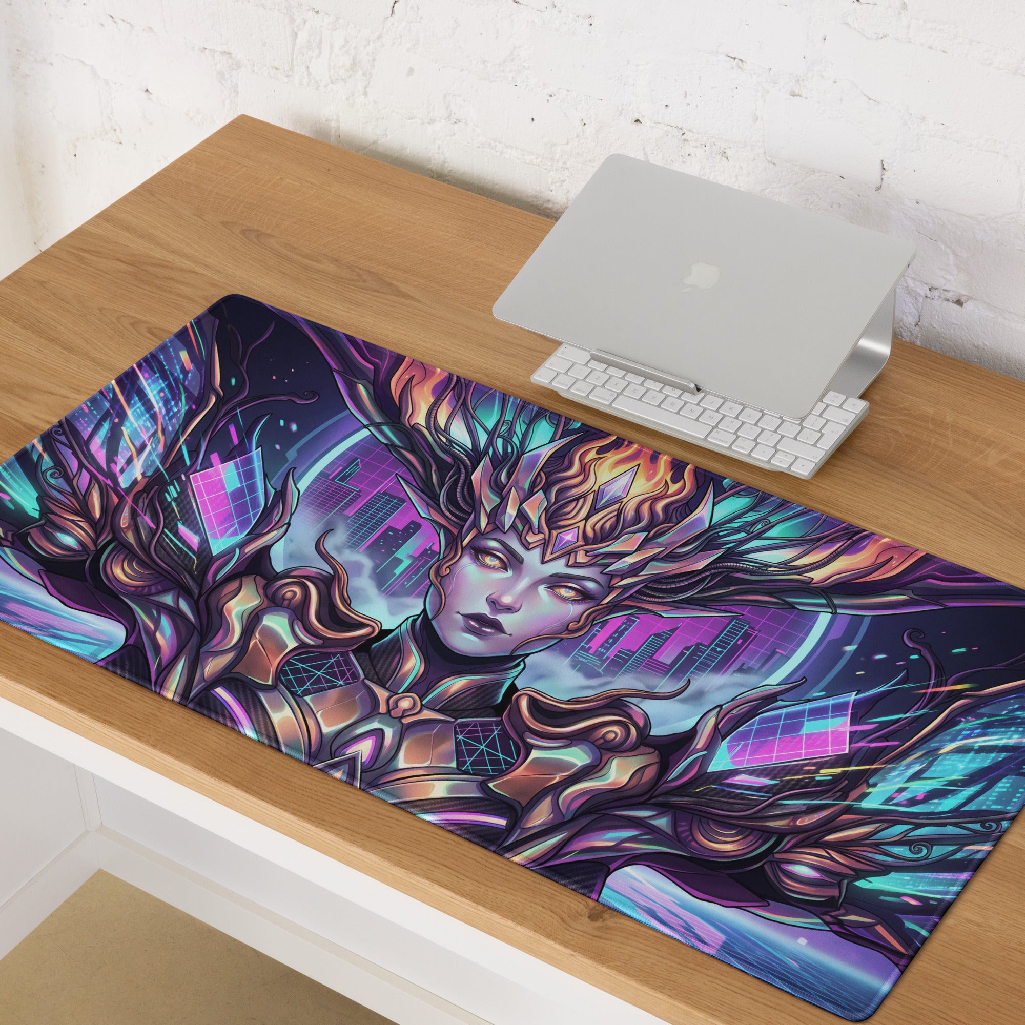 Vaporwave neon goddess pad gaming mousepad with vibrant purple blue cyberpunk art of armored woman in futuristic cityscape