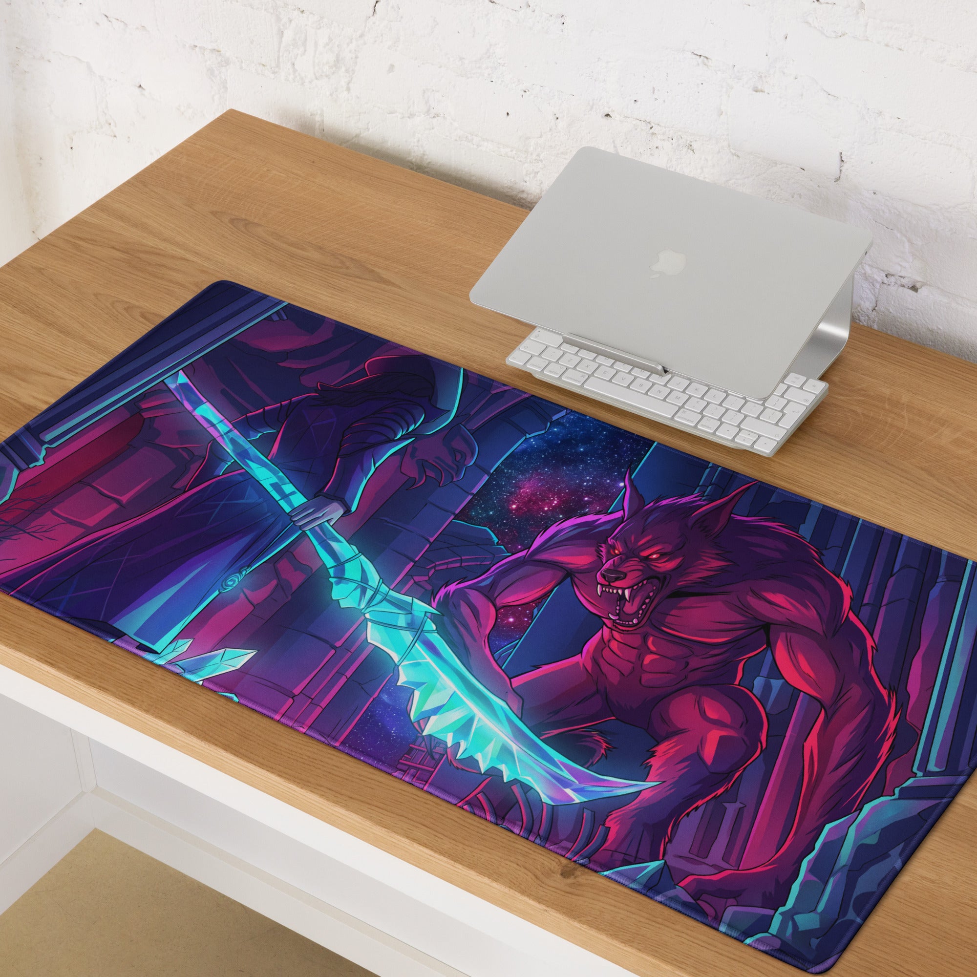 Vaporwave neon wolf mouse pad featuring vibrant neon pink and cyan fantasy werewolf with glowing sword on cosmic backdrop
