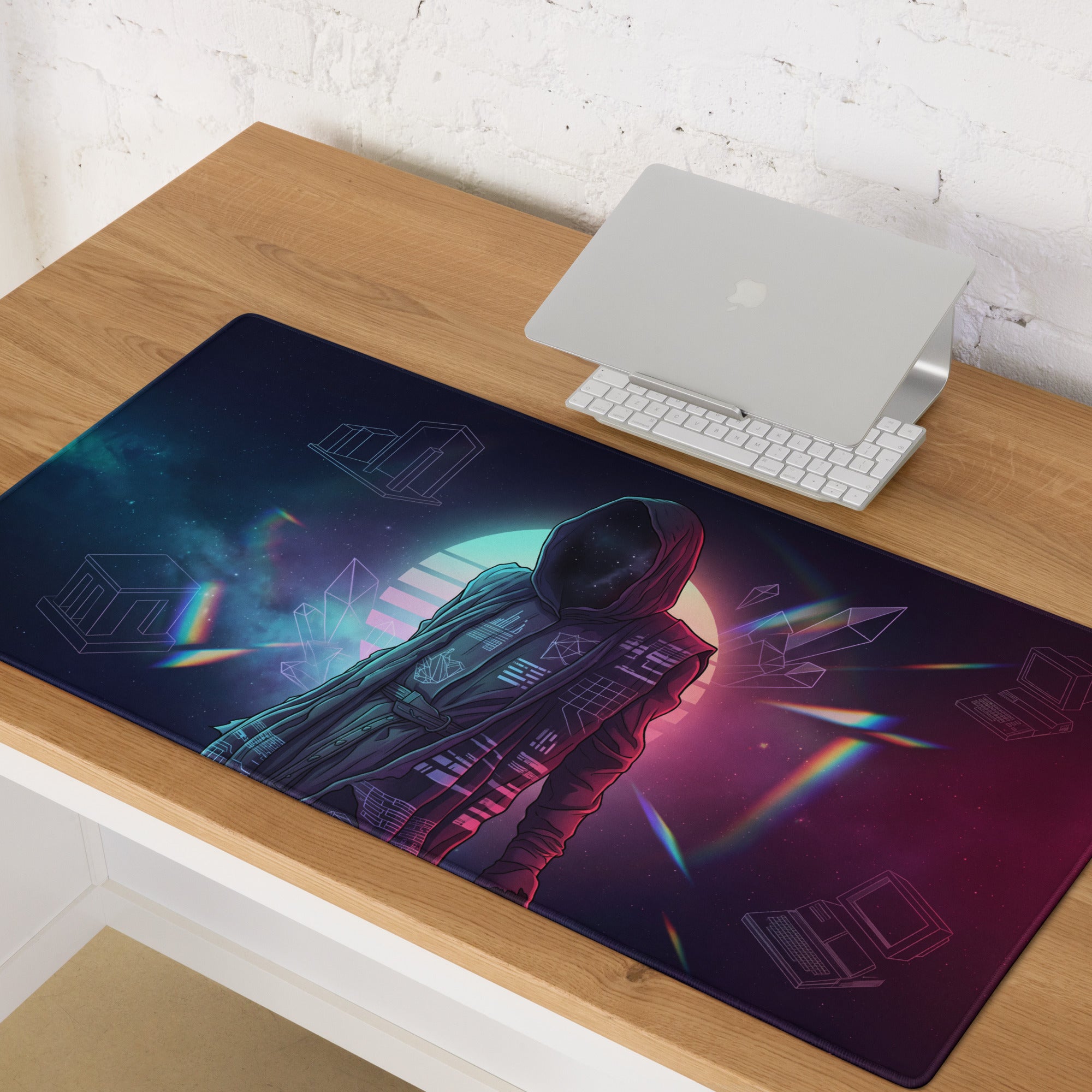 Navy blue gaming mouse pad featuring a futuristic astronaut in a hooded jacket with neon cosmic and geometric designs
