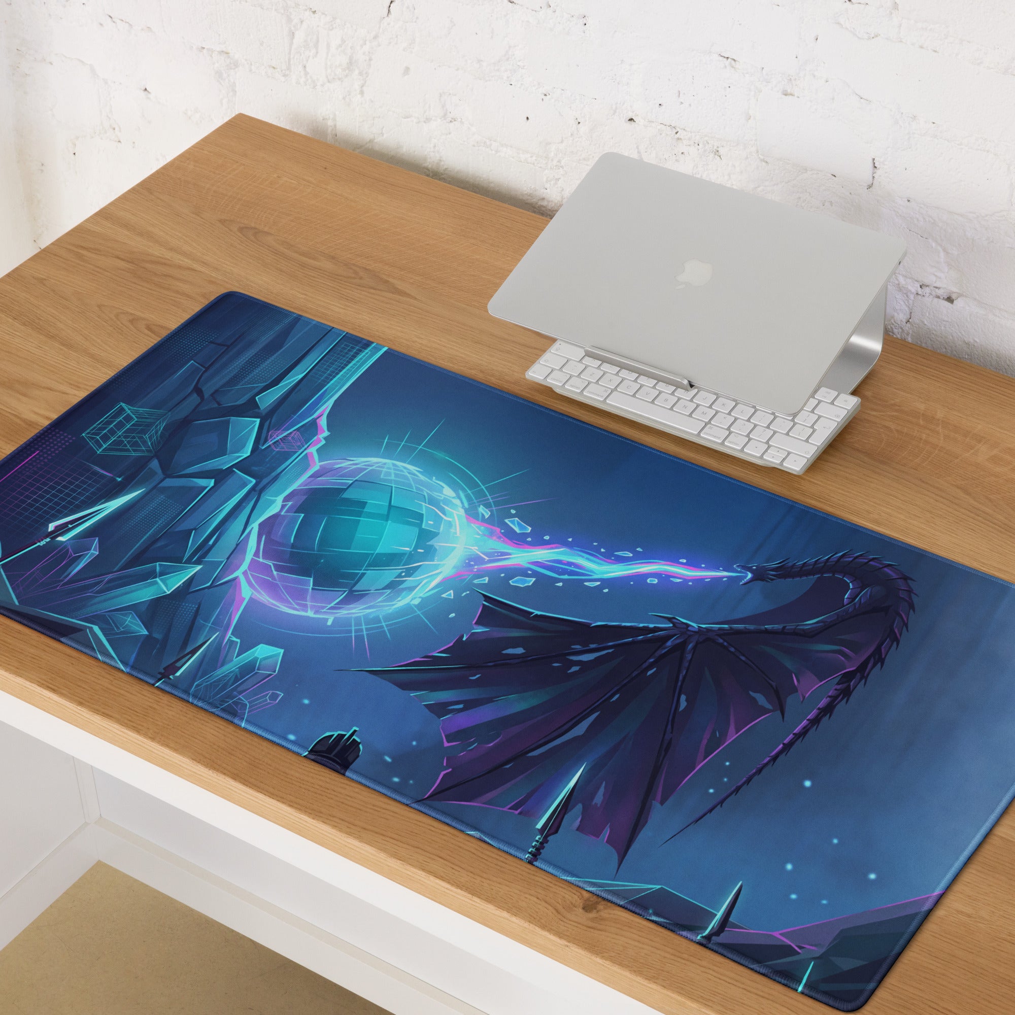 A rectangular vaporwave neon dragon desk mat with vibrant purple and blue wings on a futuristic cityscape background