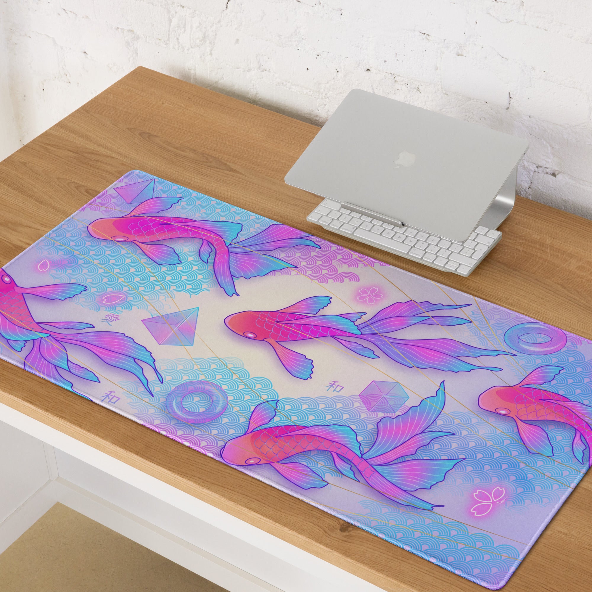 Vaporwave Koi Fish Gaming Pad - Koi Fish Pink Purple Blue Gaming Desk Vaporwave Neon Retro Futurism Mouse Pad Digital